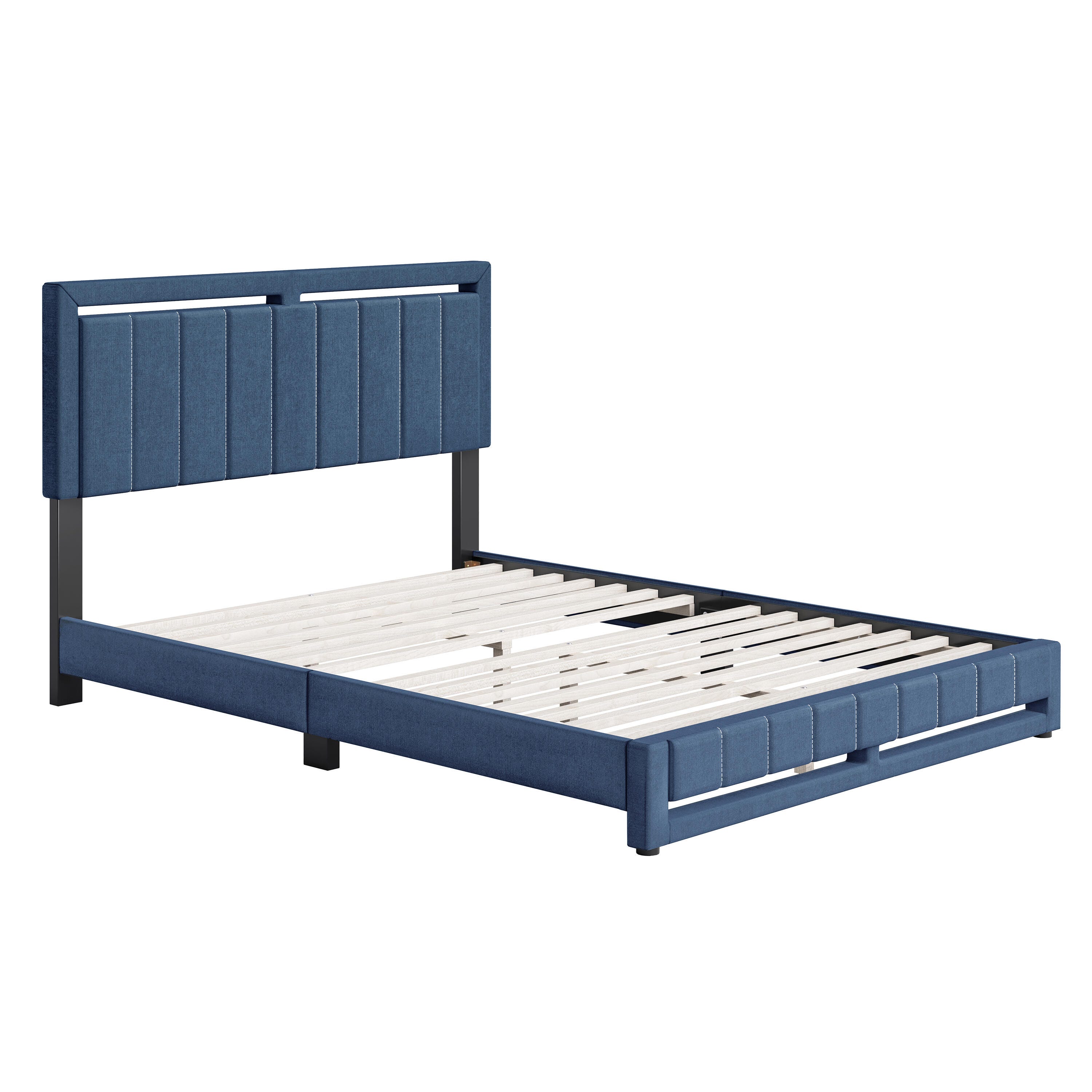 Roza Queen Upholstered Linen Platform Bed, Blue, large