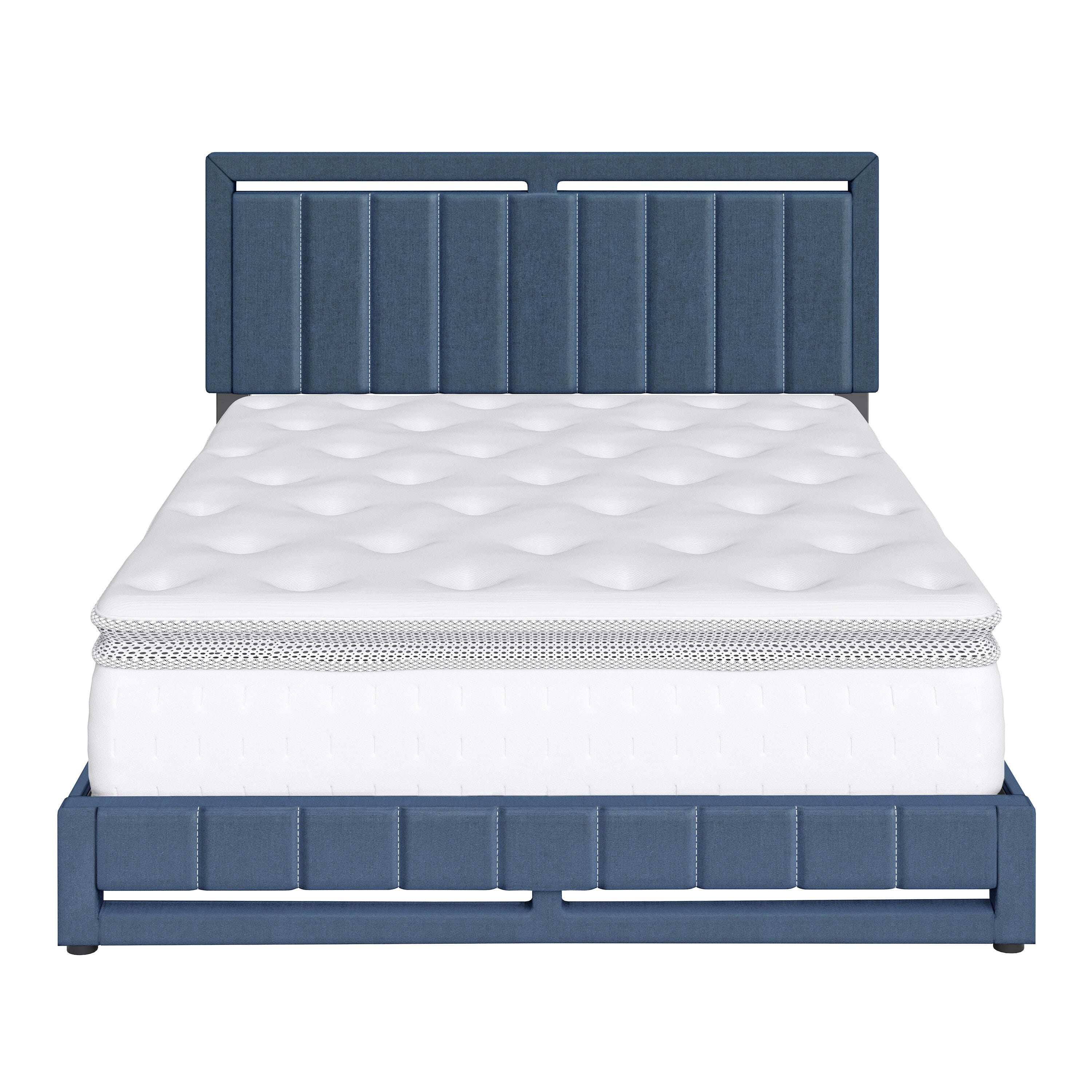 Roza Queen Upholstered Linen Platform Bed, Blue, large