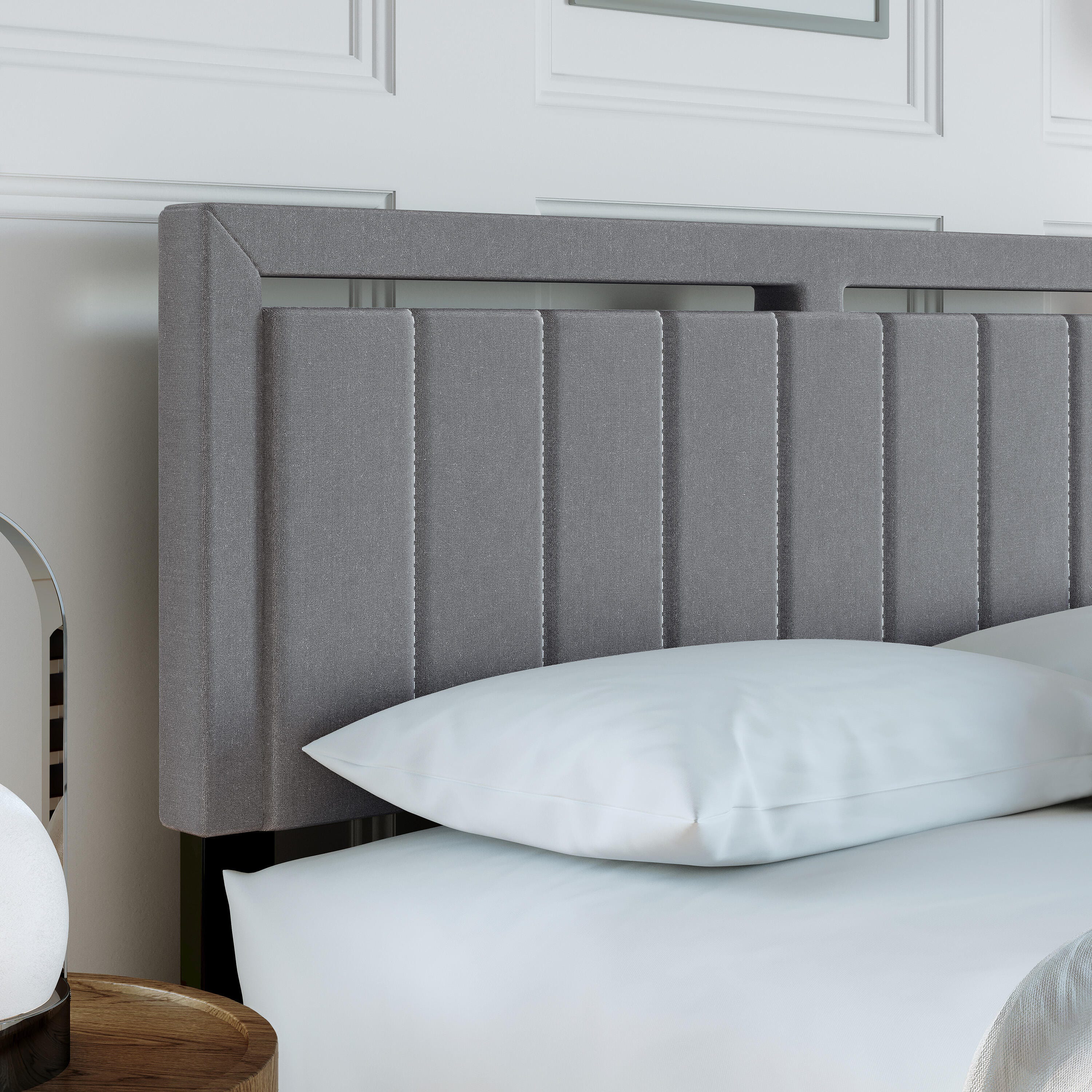 Roza King Upholstered Linen Platform Bed, Gray, large