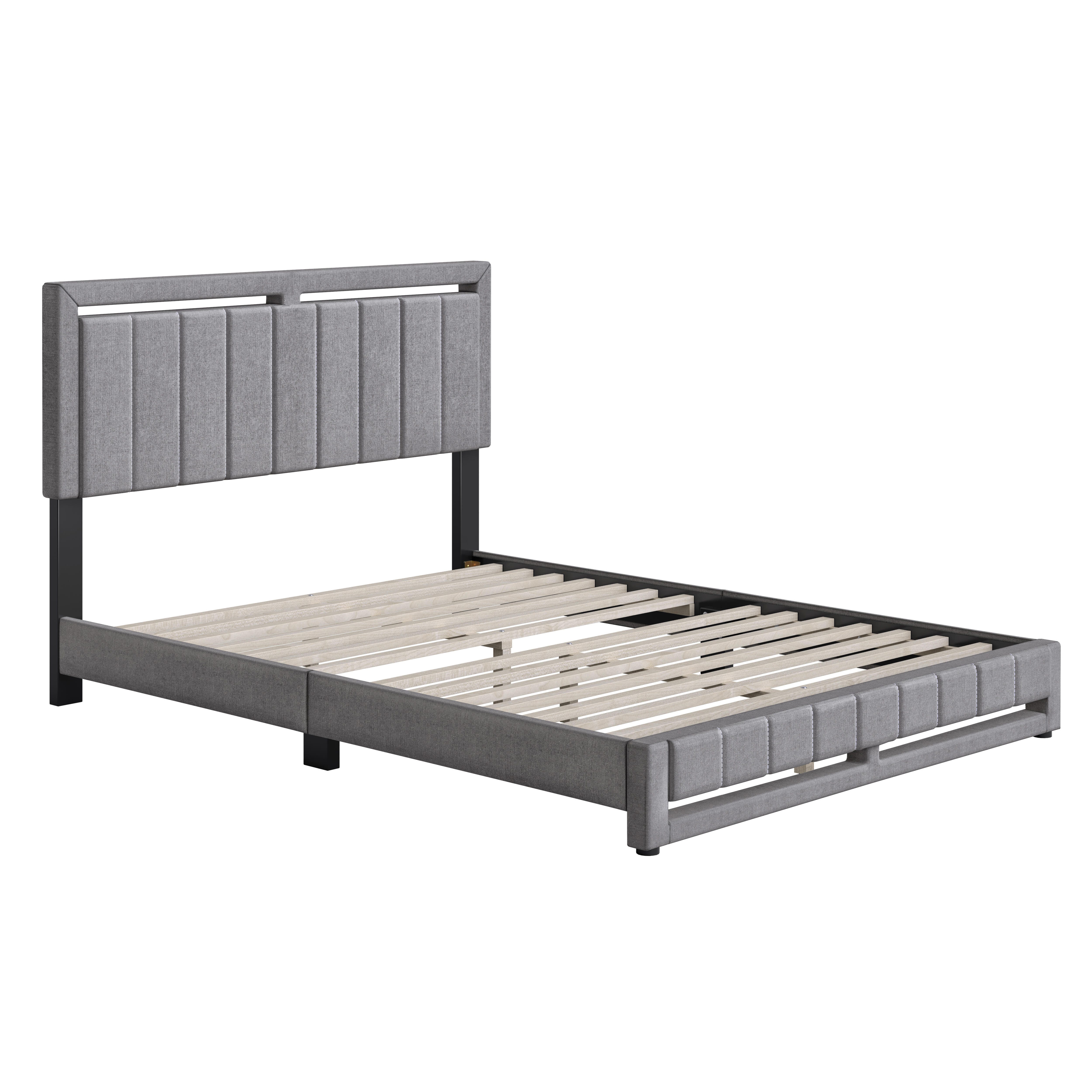 Roza Queen Upholstered Linen Platform Bed, Gray, large