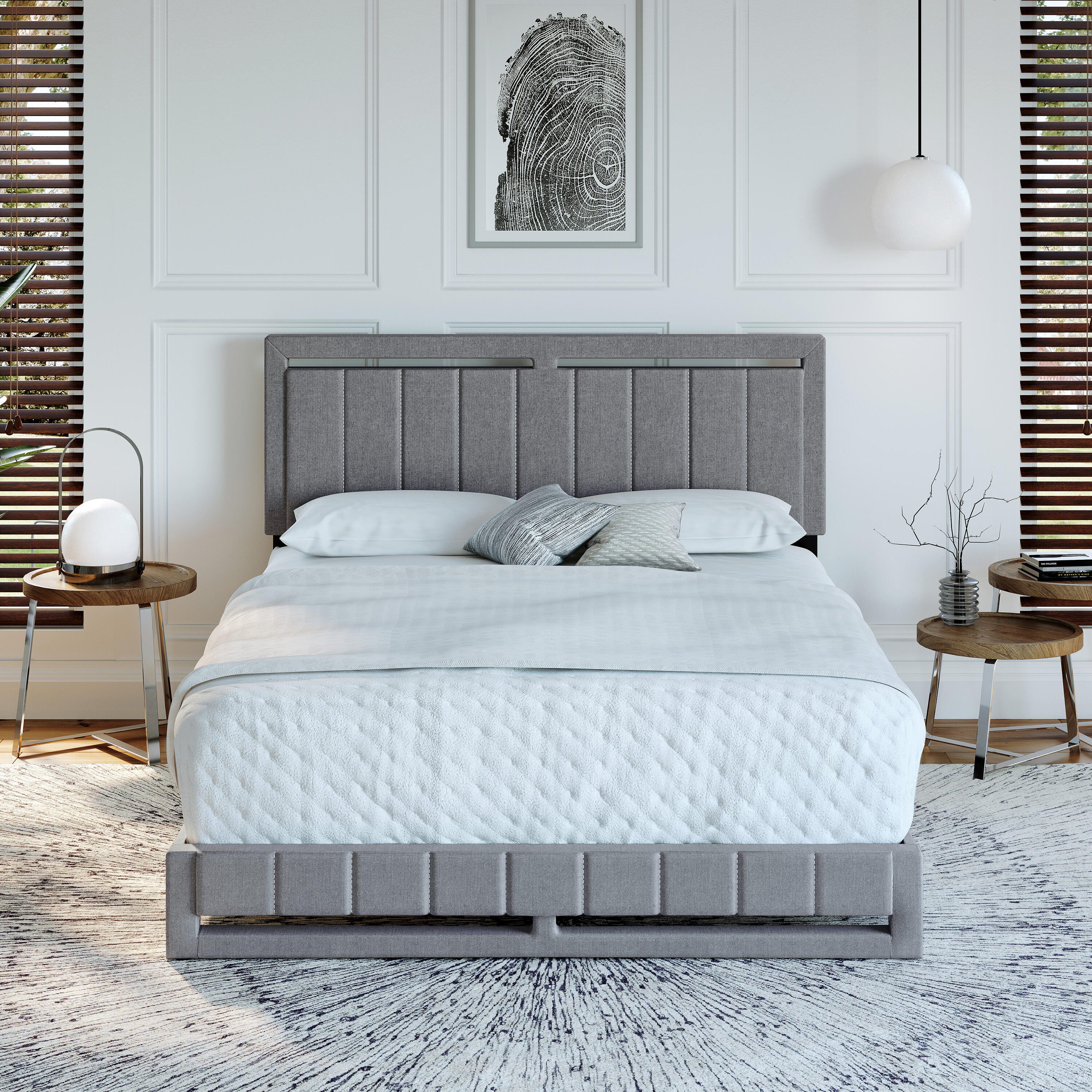 Roza Queen Upholstered Linen Platform Bed, Gray, large