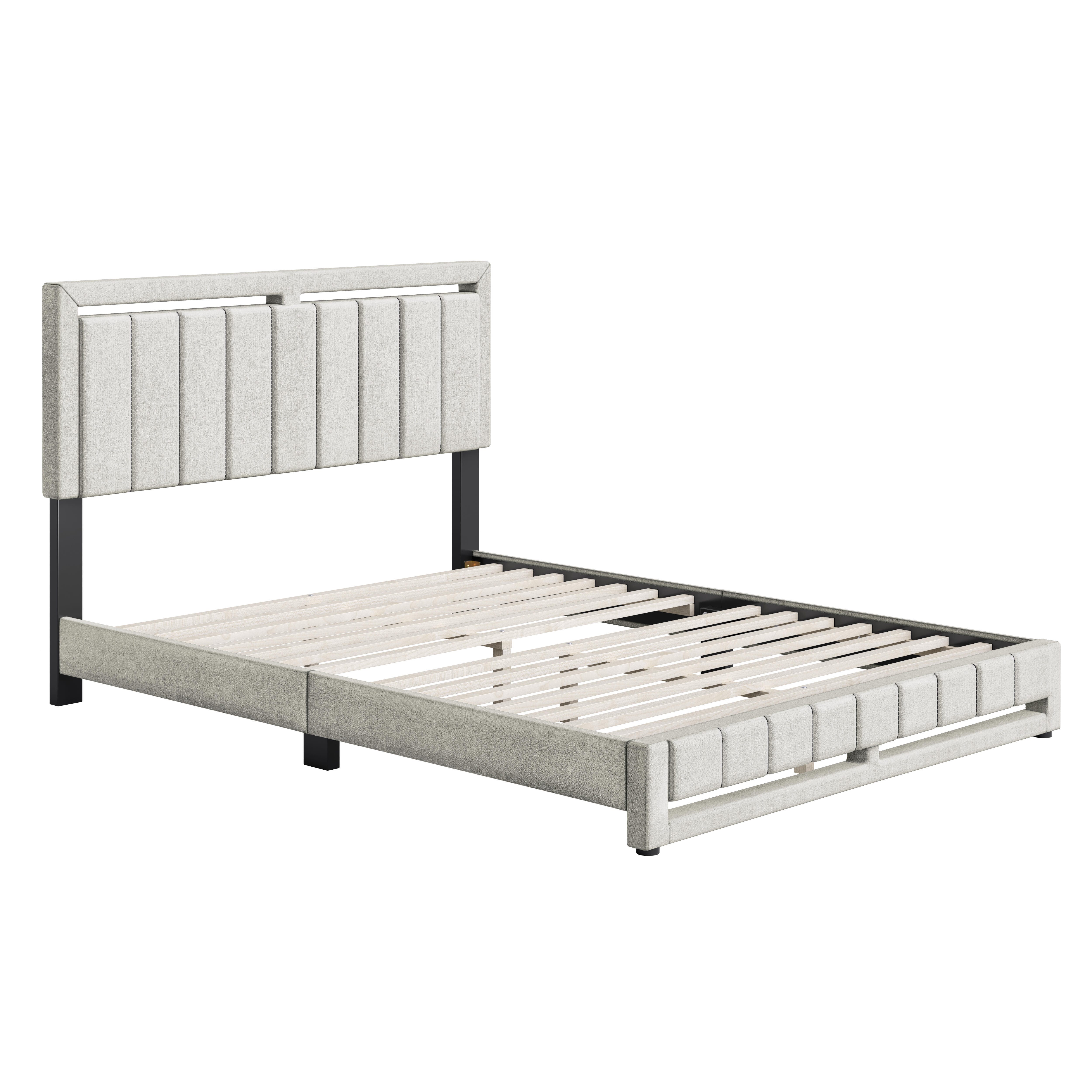 Roza Queen Upholstered Linen Platform Bed, Beige, large