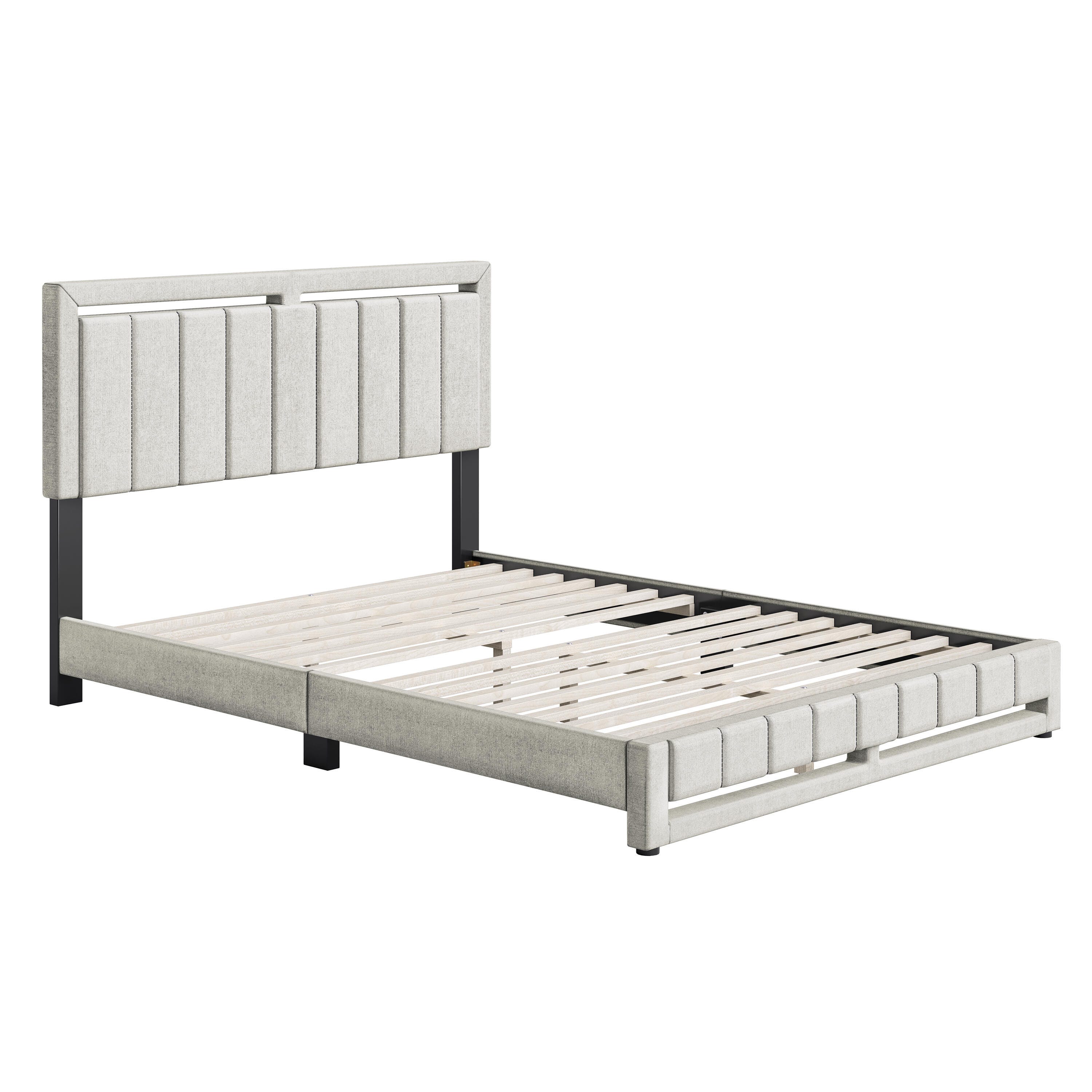 Roza Queen Upholstered Linen Platform Bed, Beige, large