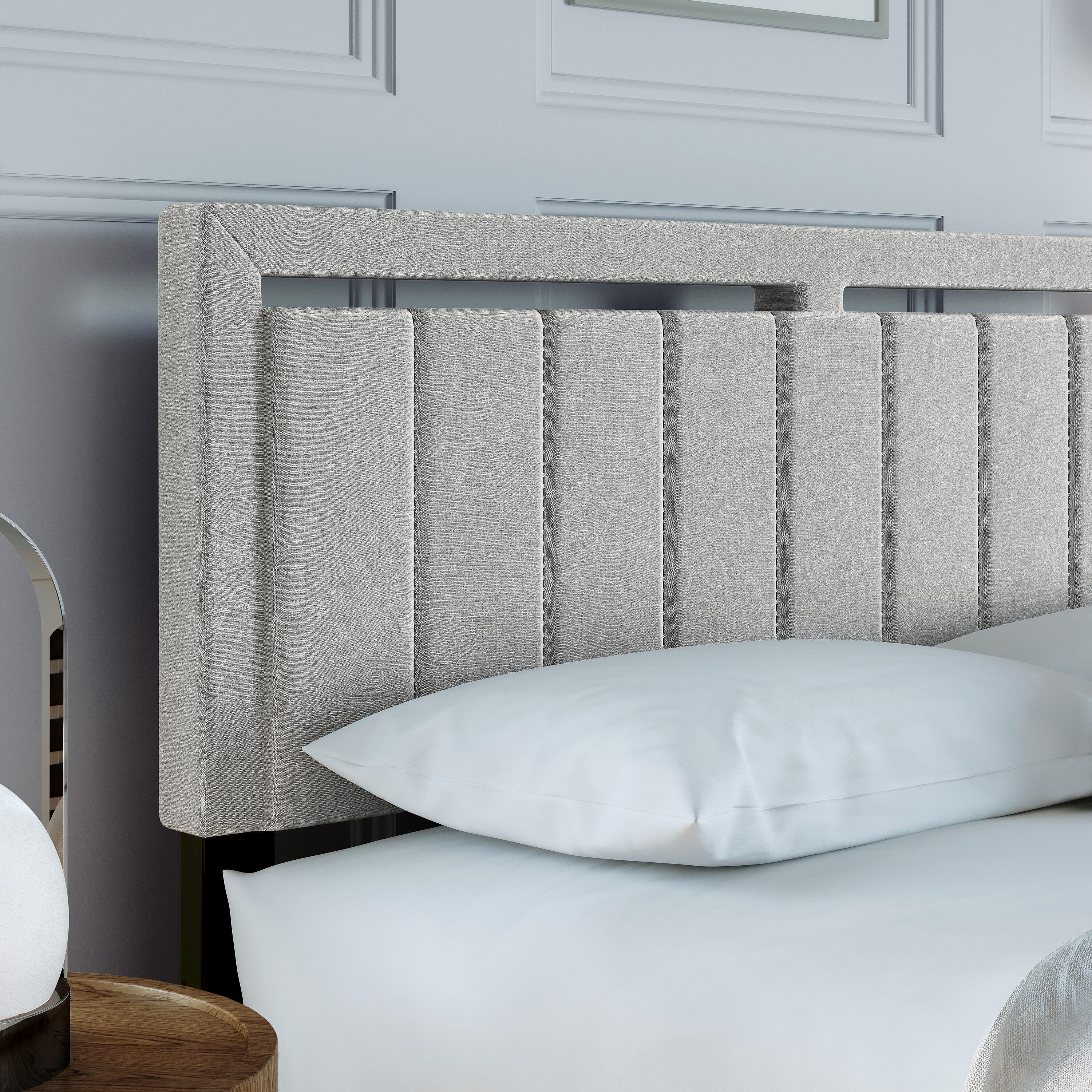 Roza Queen Upholstered Linen Platform Bed, Beige, large