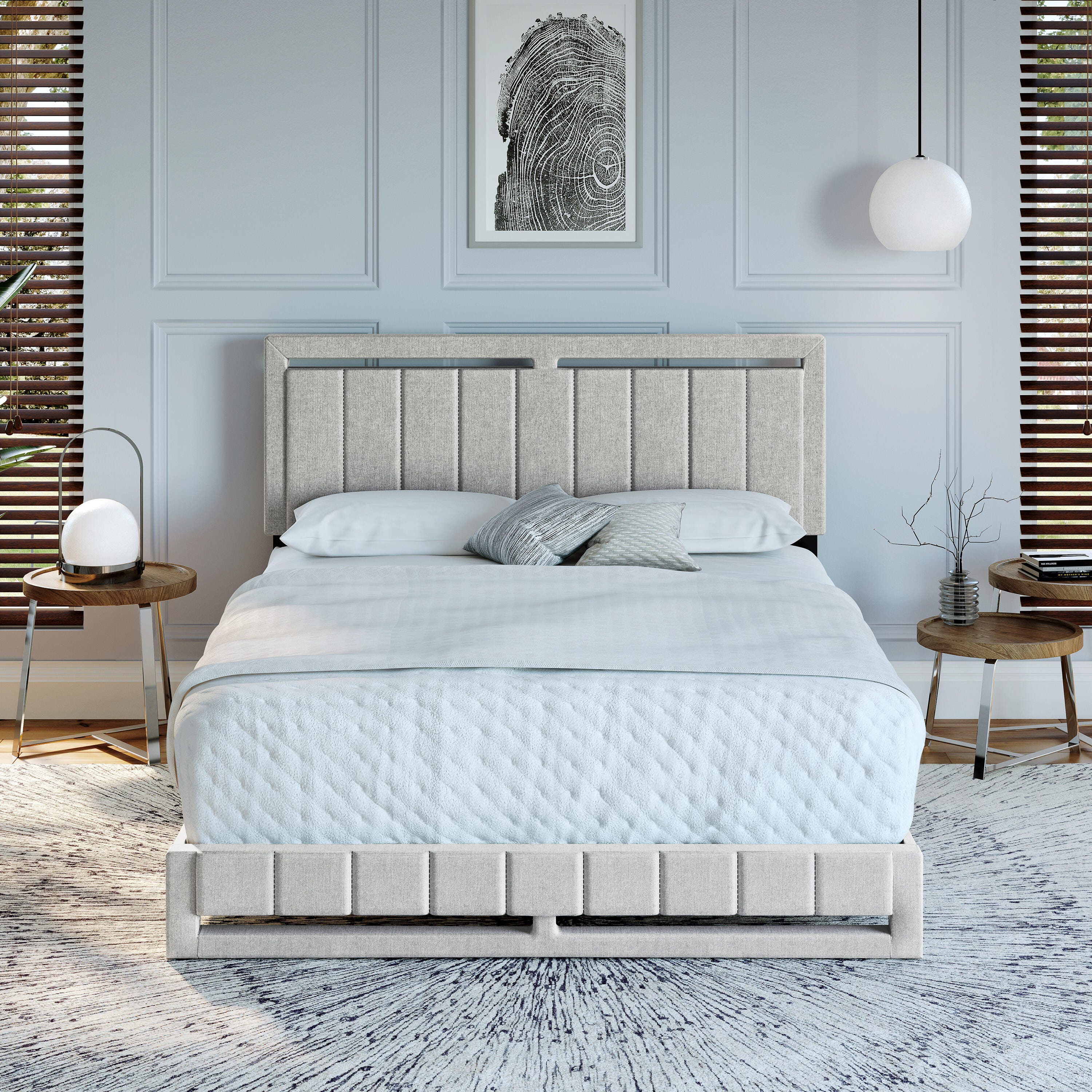 Roza Queen Upholstered Linen Platform Bed, Beige, large