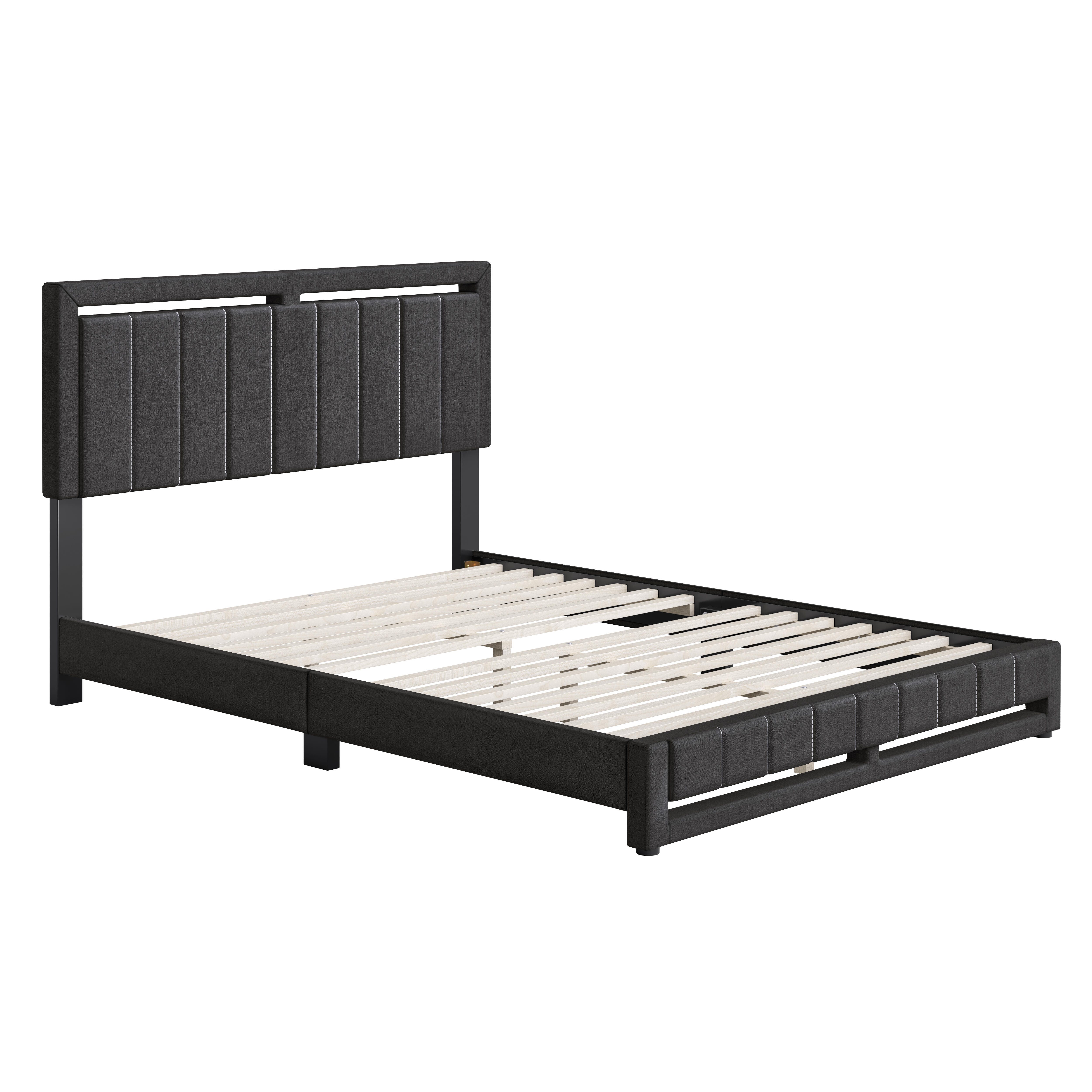 Roza Queen Upholstered Linen Platform Bed, Black, large