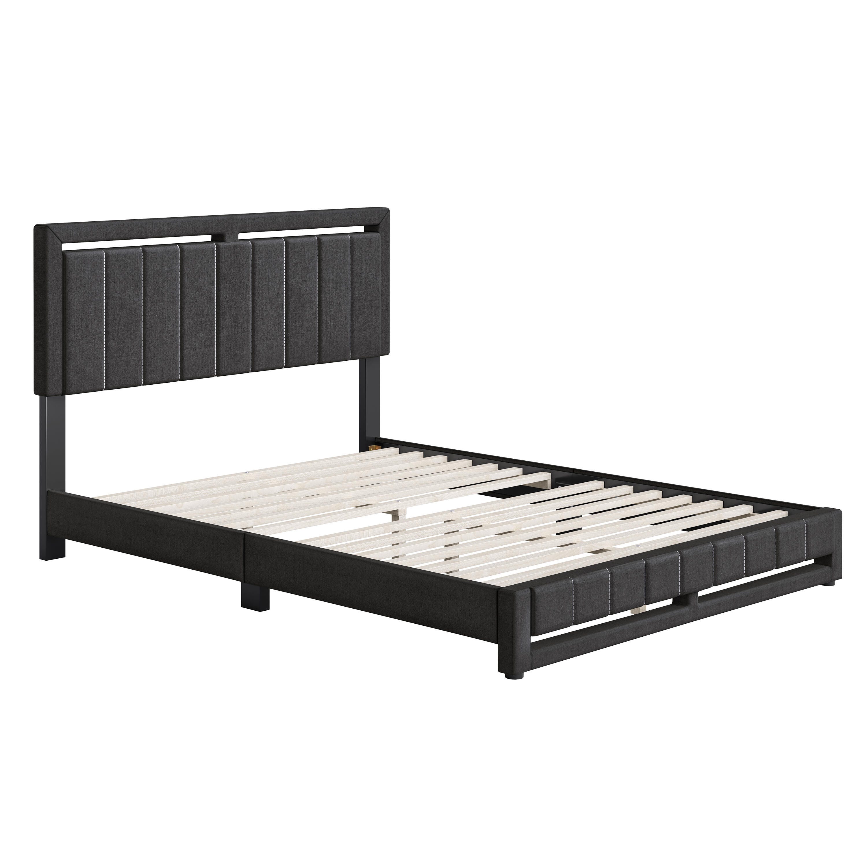 Roza Queen Upholstered Linen Platform Bed, Black, large