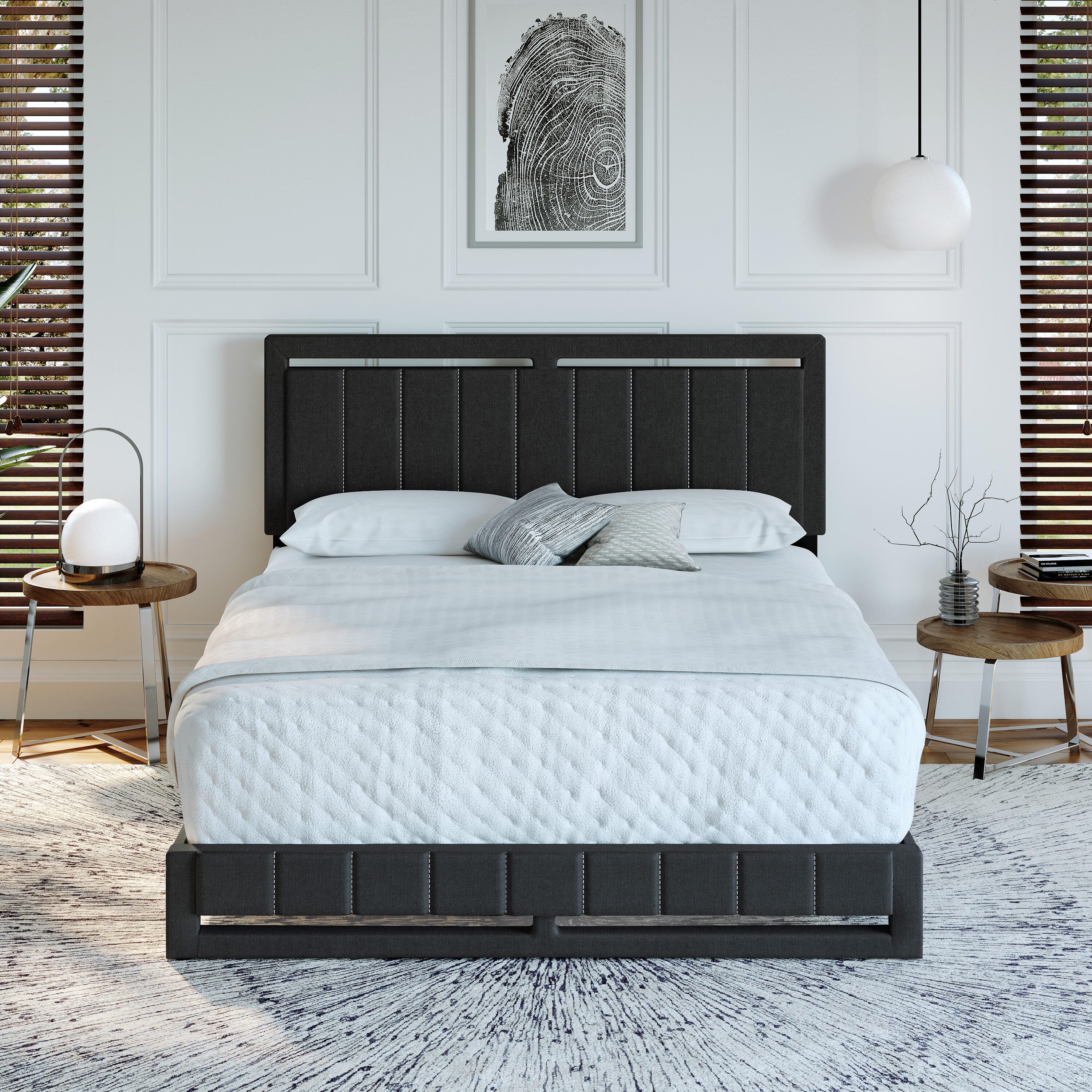 Roza Queen Upholstered Linen Platform Bed, Black, large