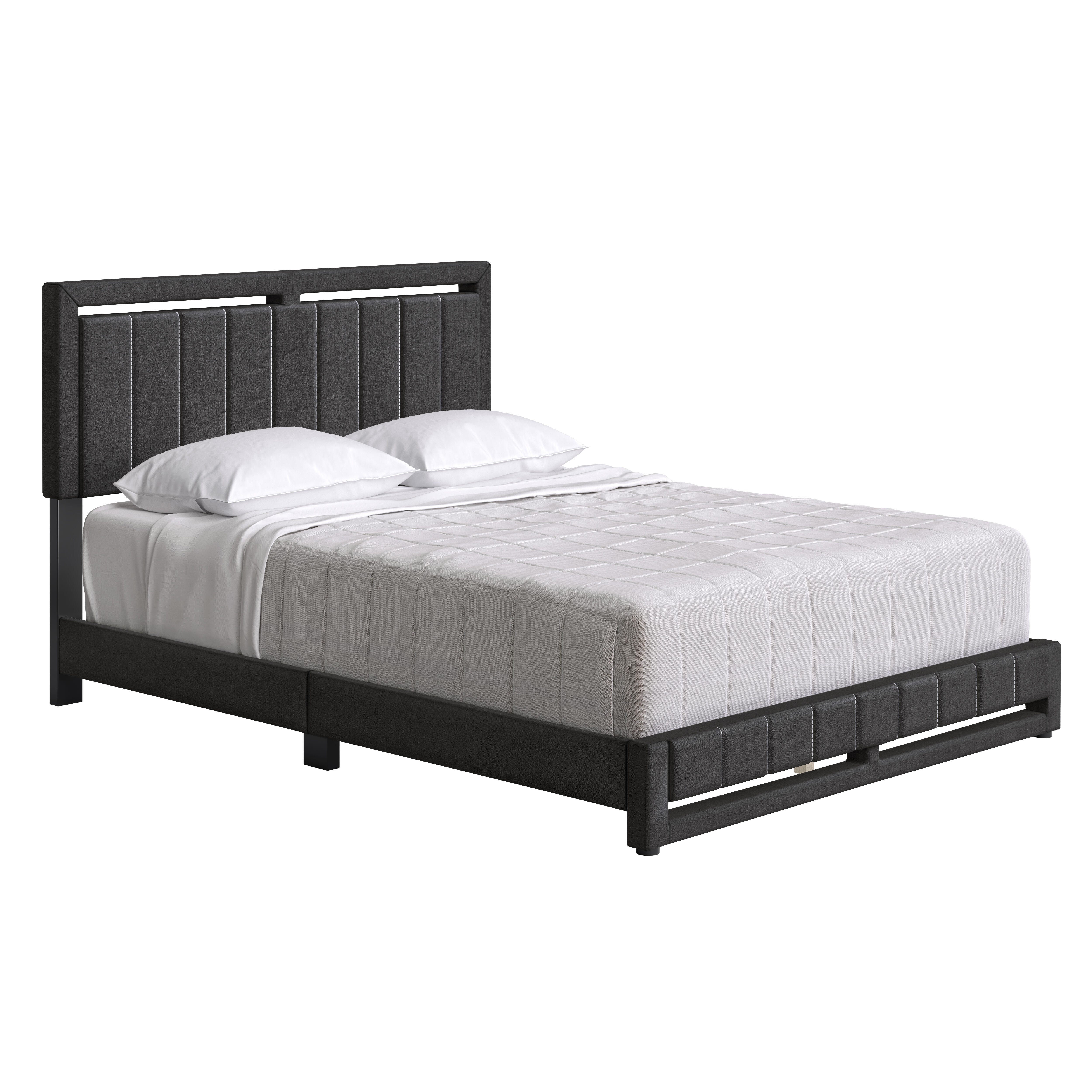 Roza Queen Upholstered Linen Platform Bed, Black, large