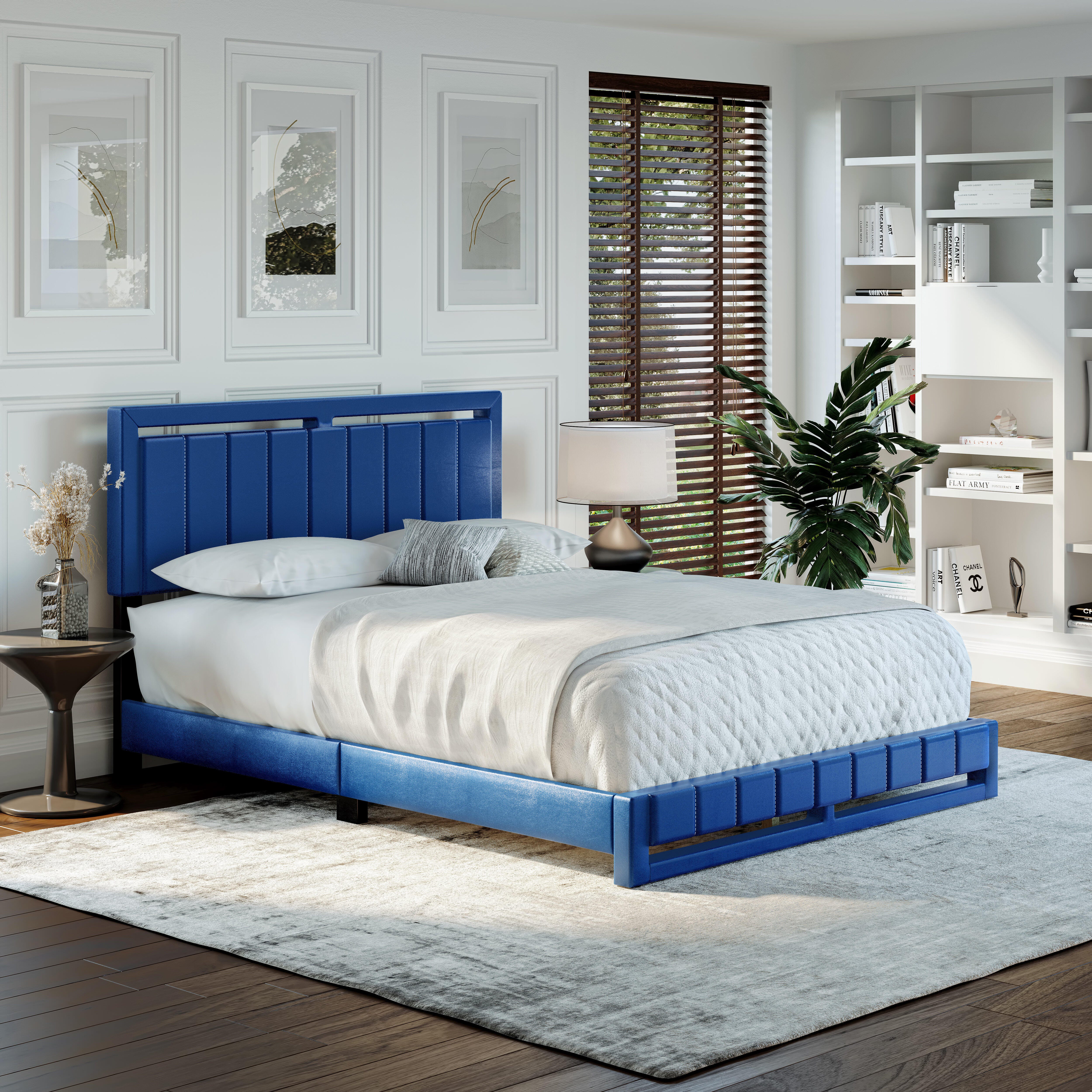 Roza King Upholstered Faux Leather Platform Bed, Blue, large