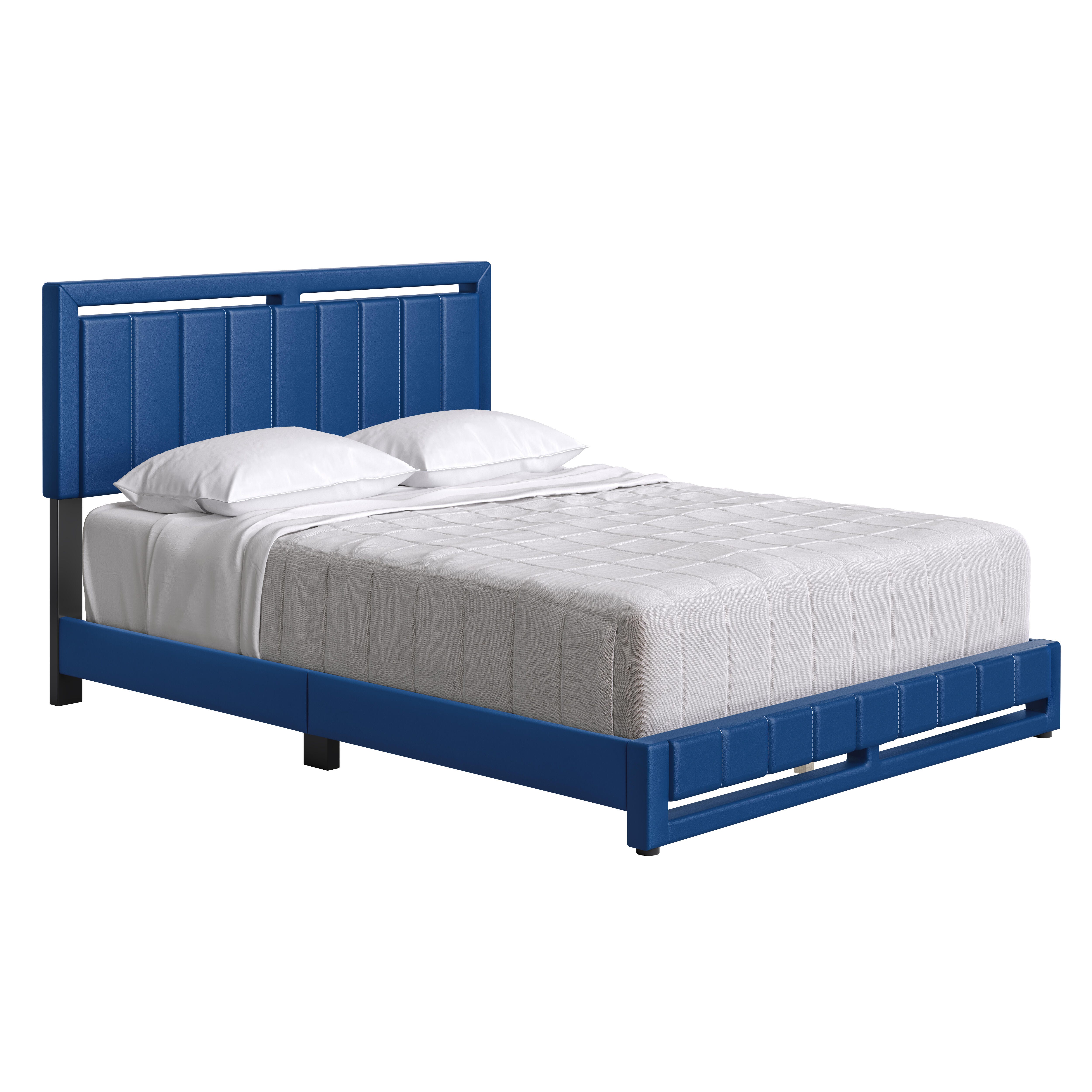 Roza King Upholstered Faux Leather Platform Bed, Blue, large
