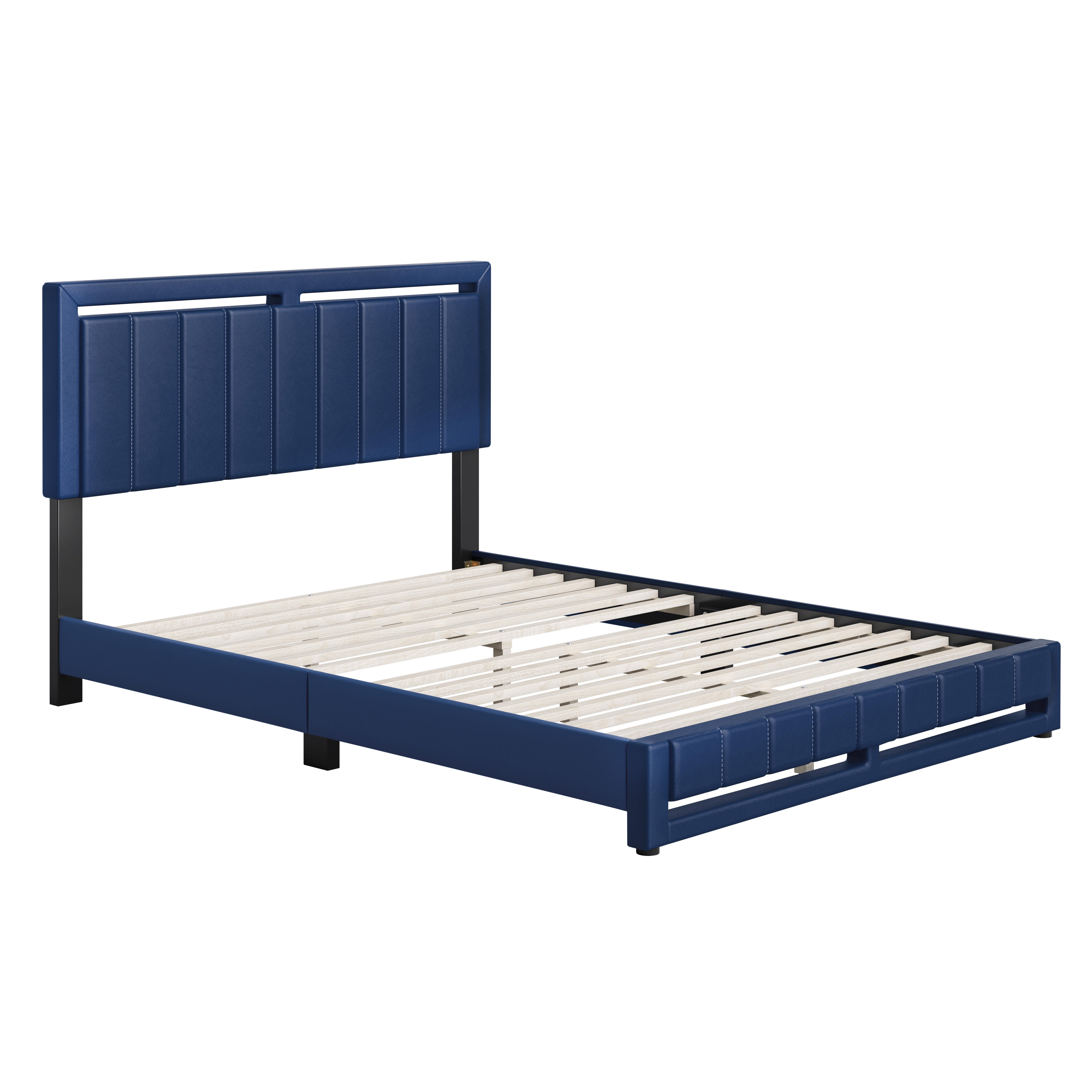 Roza Queen Upholstered Faux Leather Platform Bed, Blue, large