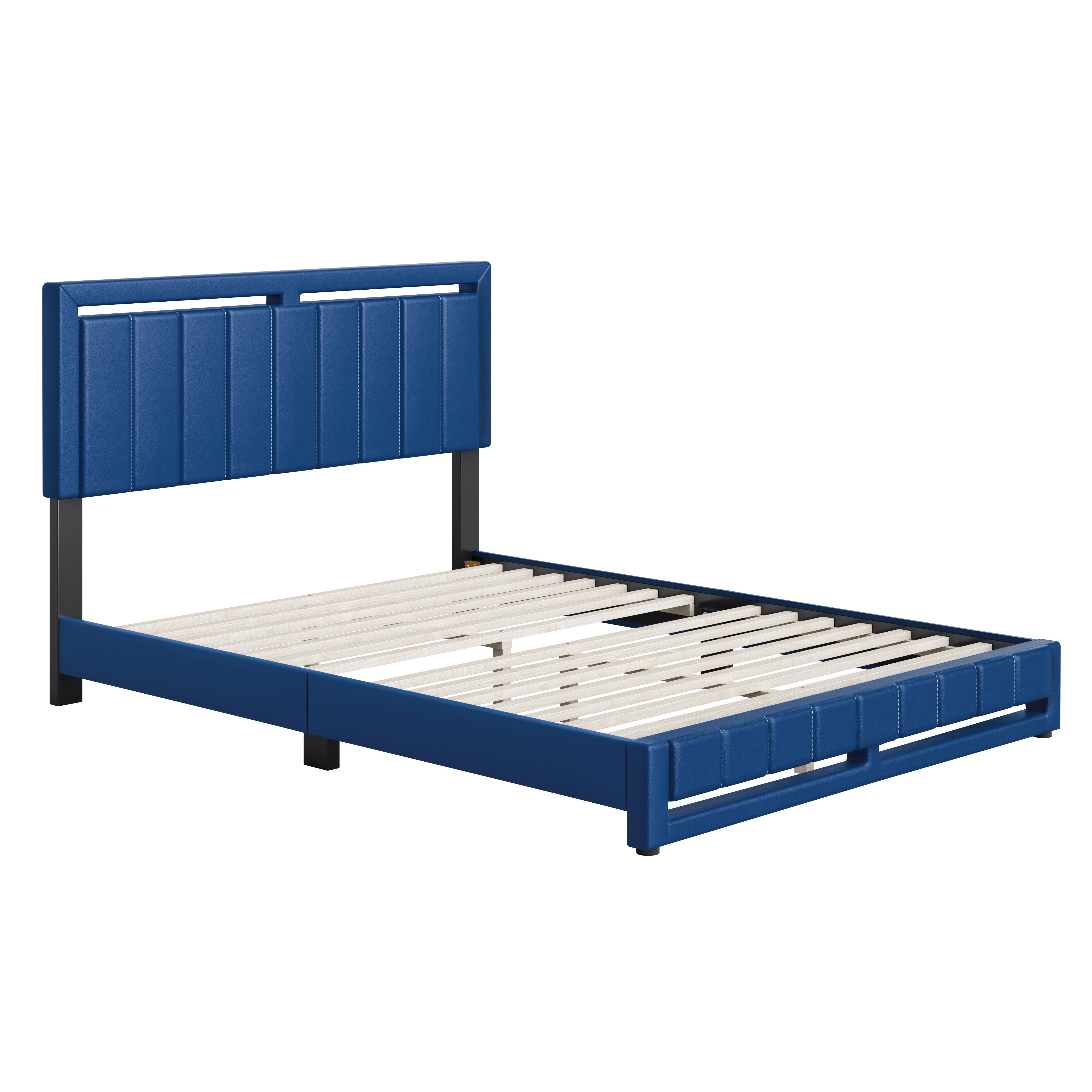 Roza Queen Upholstered Faux Leather Platform Bed, Blue, large