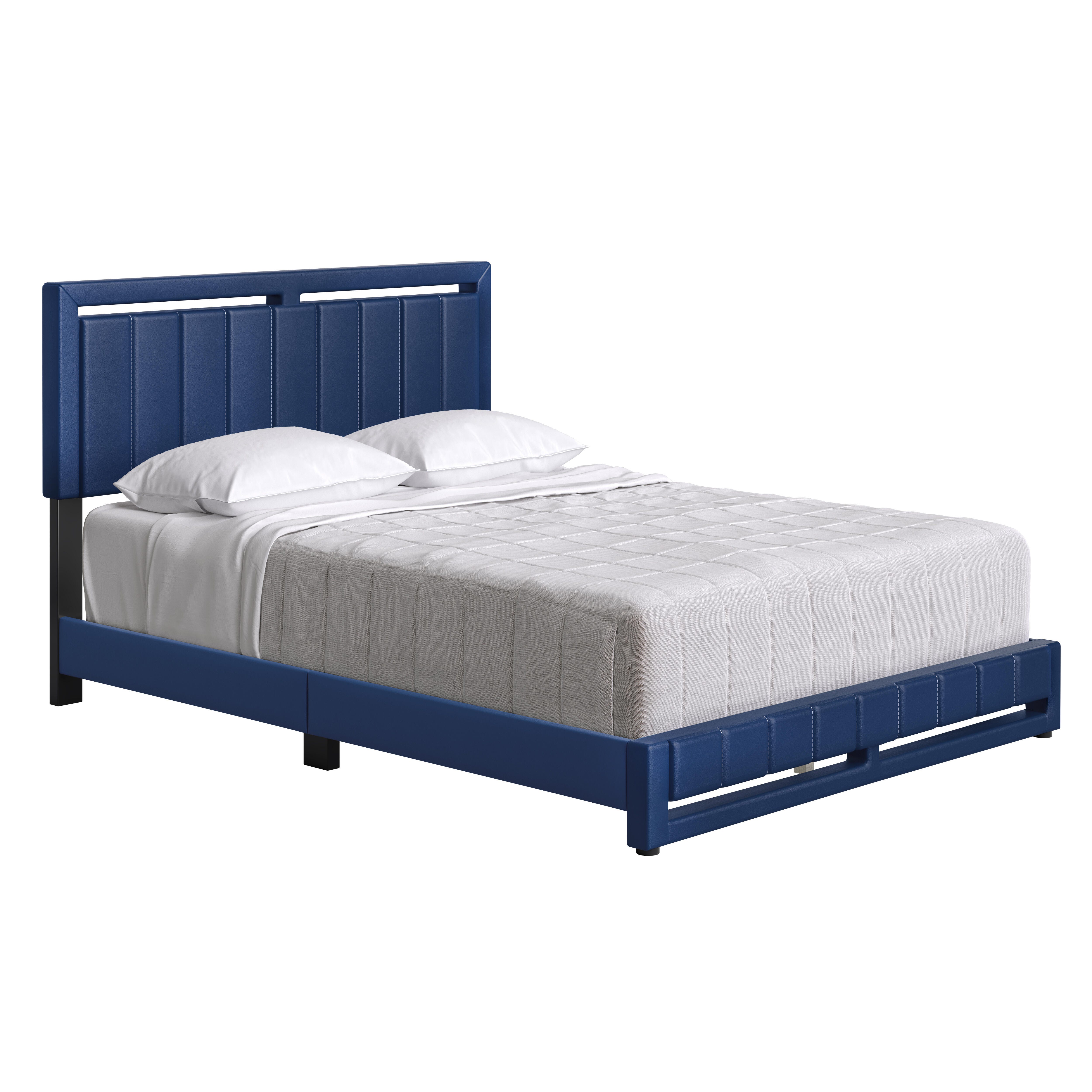 Roza Queen Upholstered Faux Leather Platform Bed, Blue, large