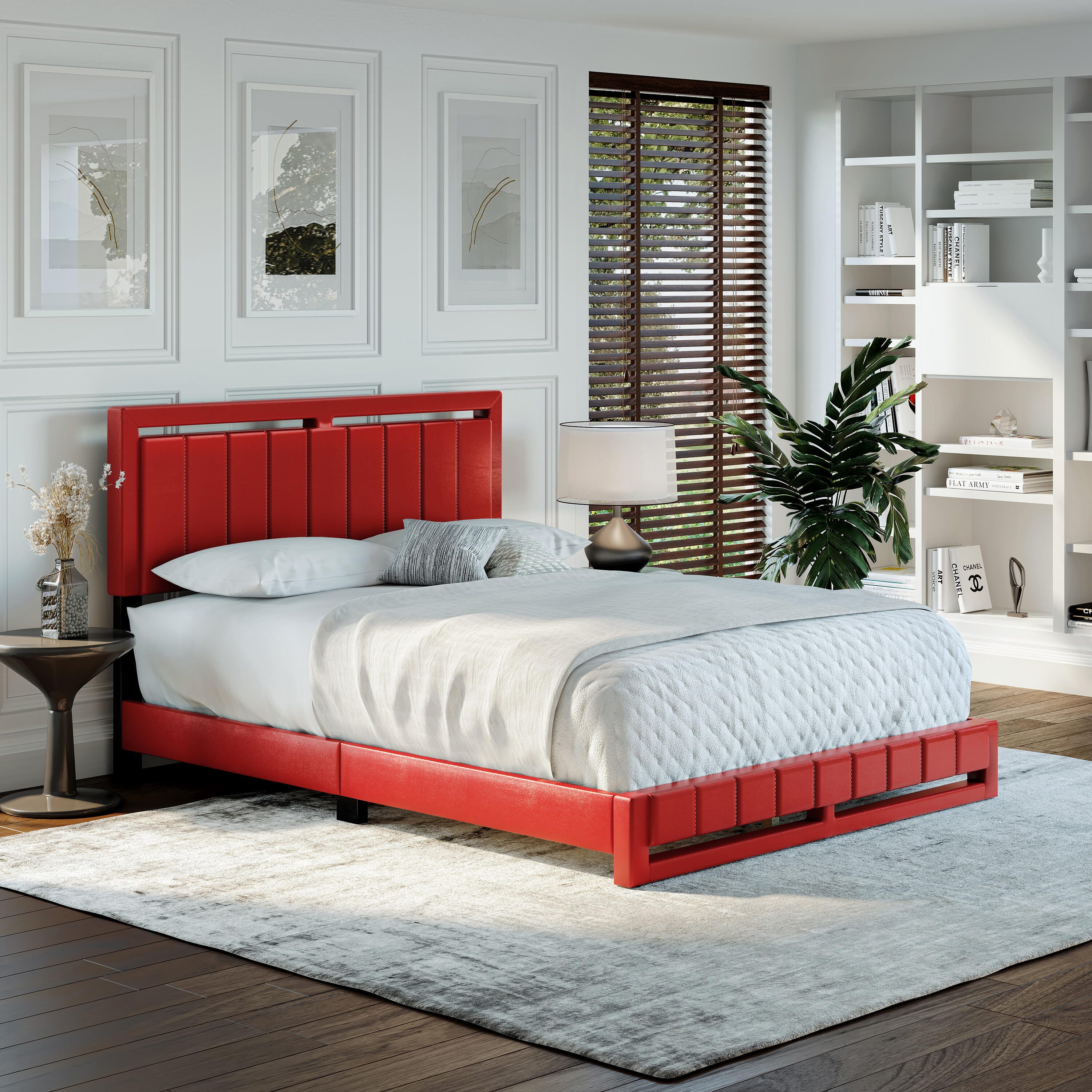 Roza Queen Upholstered Faux Leather Platform Bed, Red, large