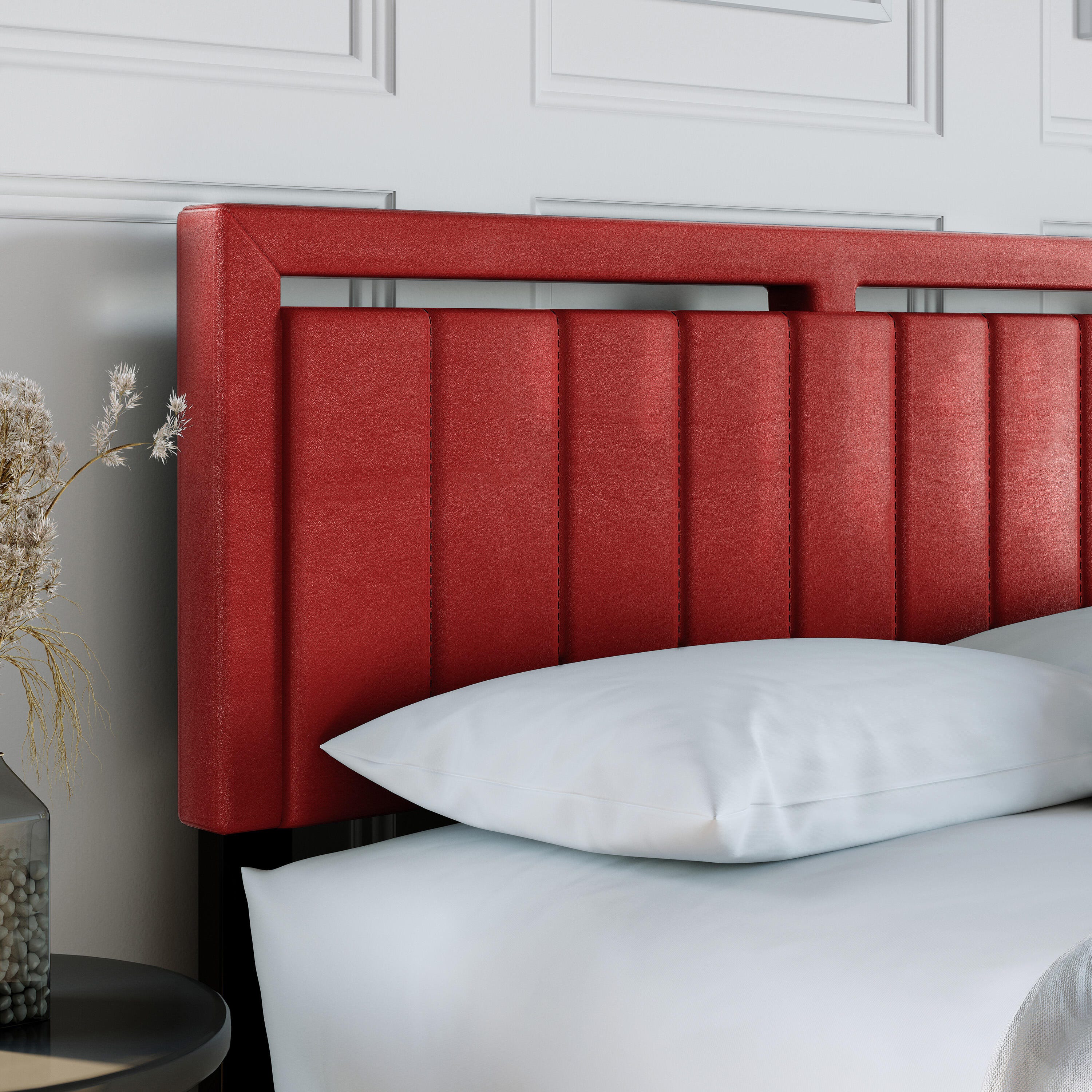 Roza Queen Upholstered Faux Leather Platform Bed, Red, large