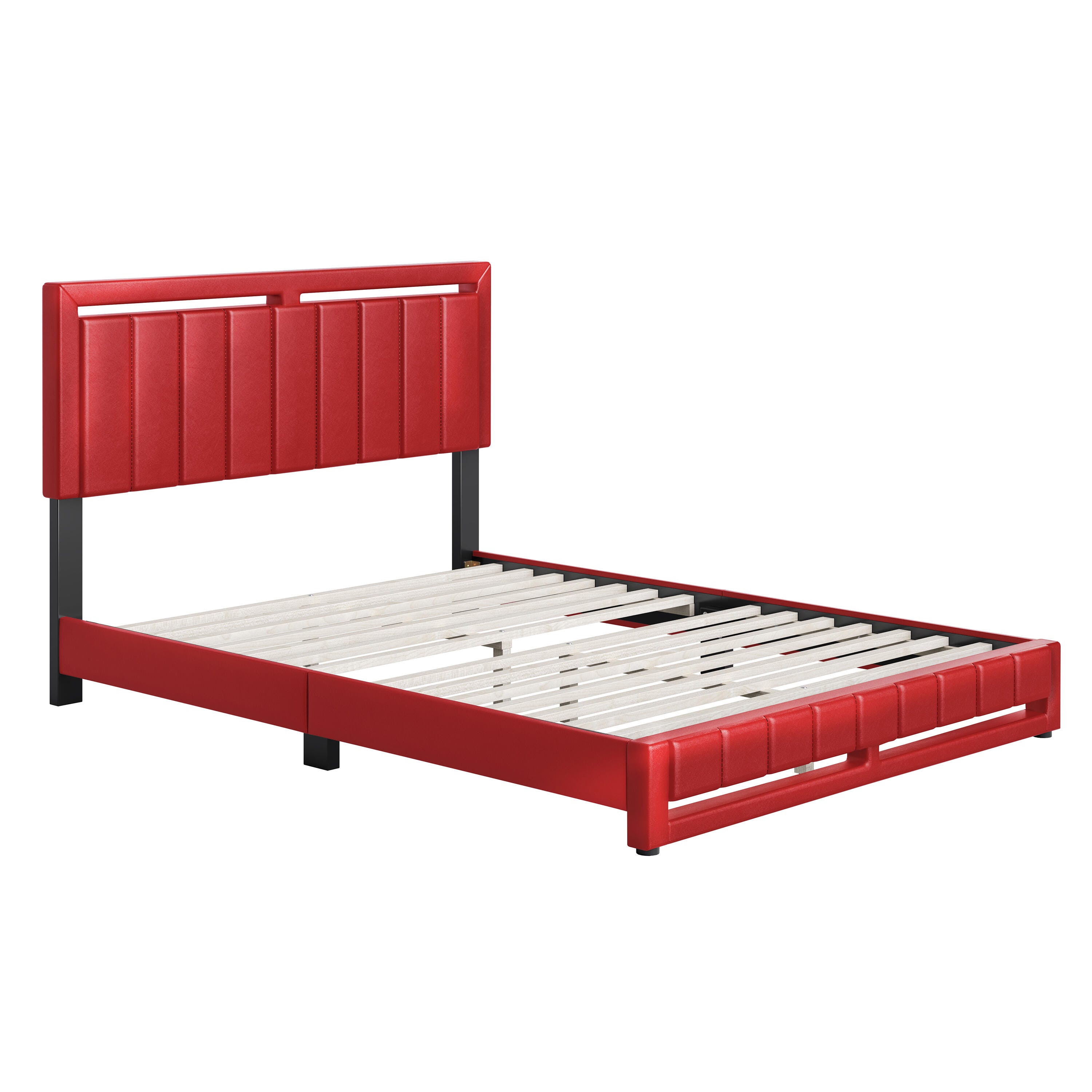 Roza Queen Upholstered Faux Leather Platform Bed, Red, large