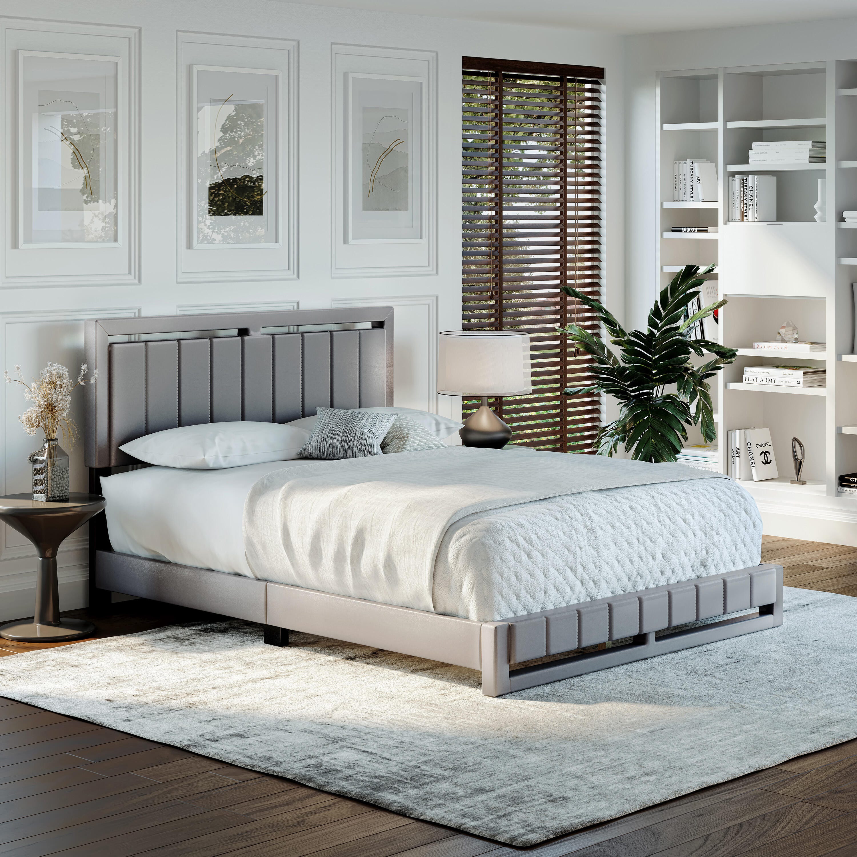 Roza Queen Upholstered Faux Leather Platform Bed, Gray, large