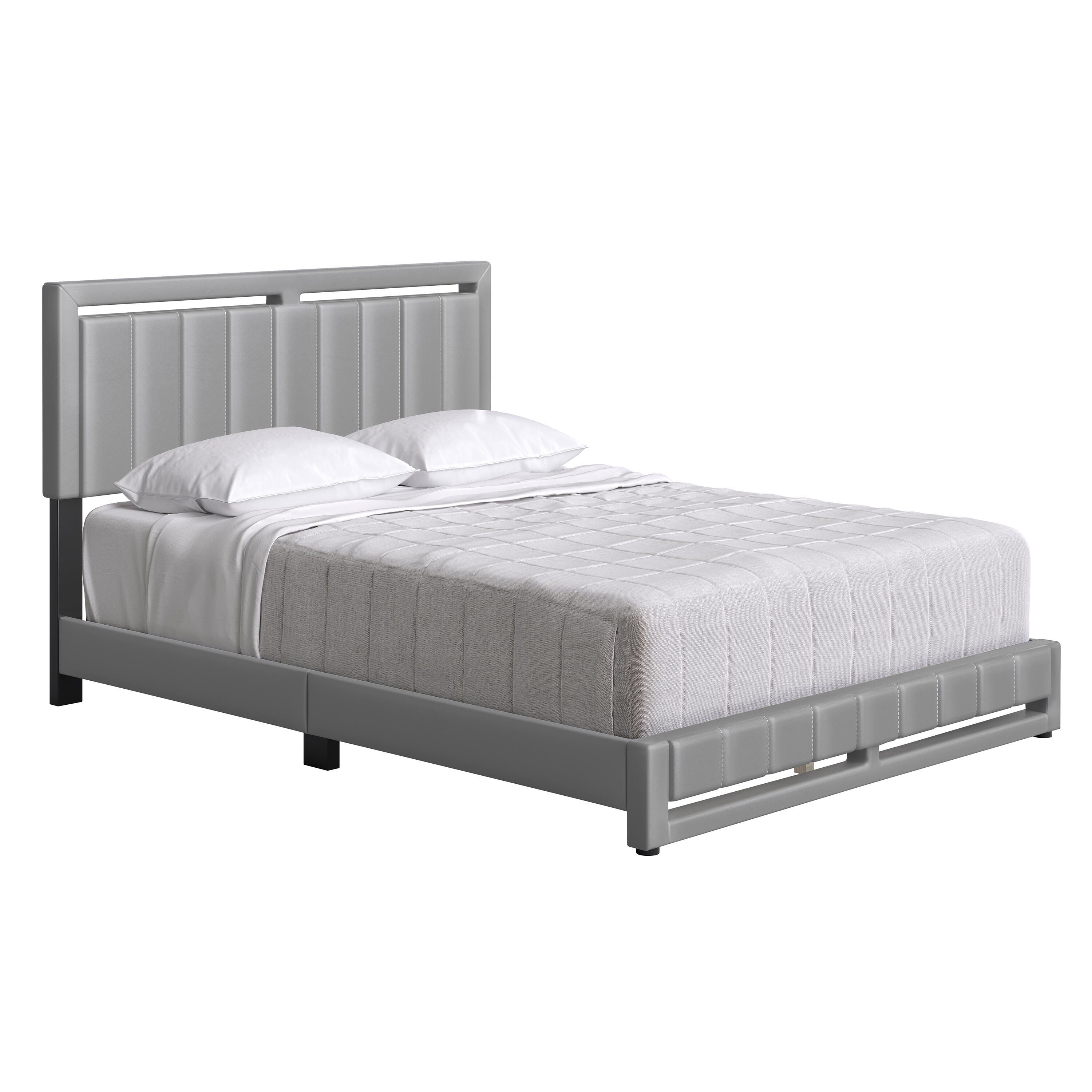 Roza Queen Upholstered Faux Leather Platform Bed, Gray, large