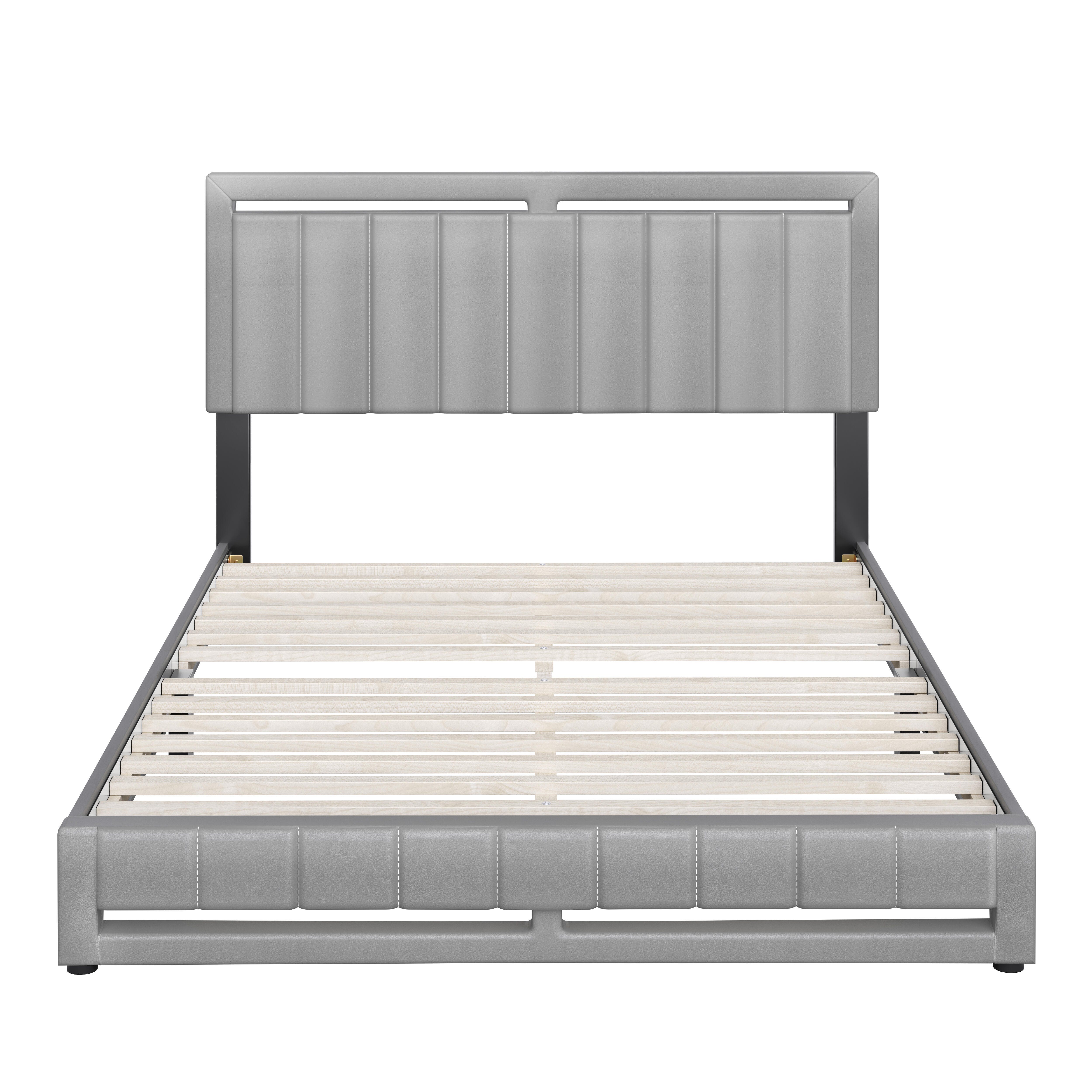 Roza Queen Upholstered Faux Leather Platform Bed, Gray, large