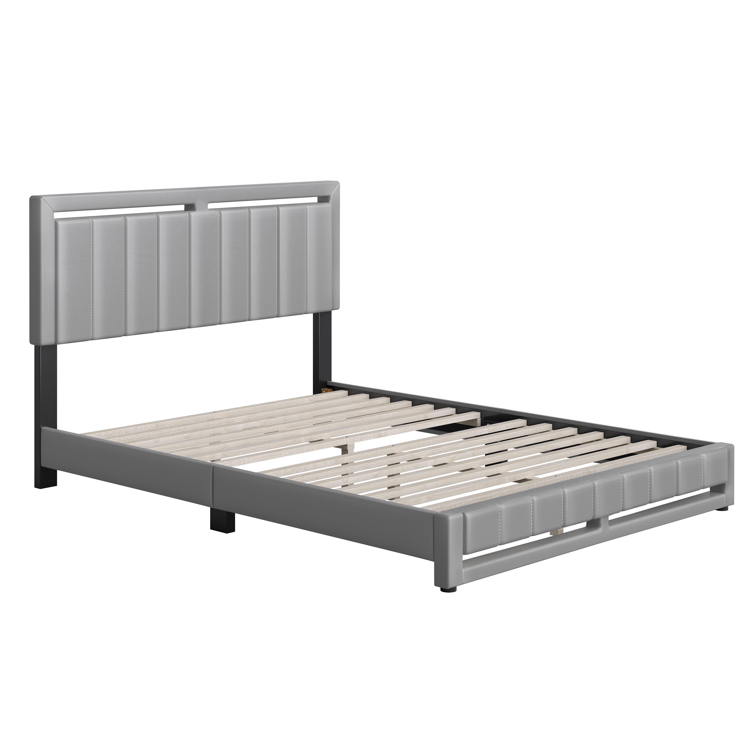 Roza Queen Upholstered Faux Leather Platform Bed, Gray, large