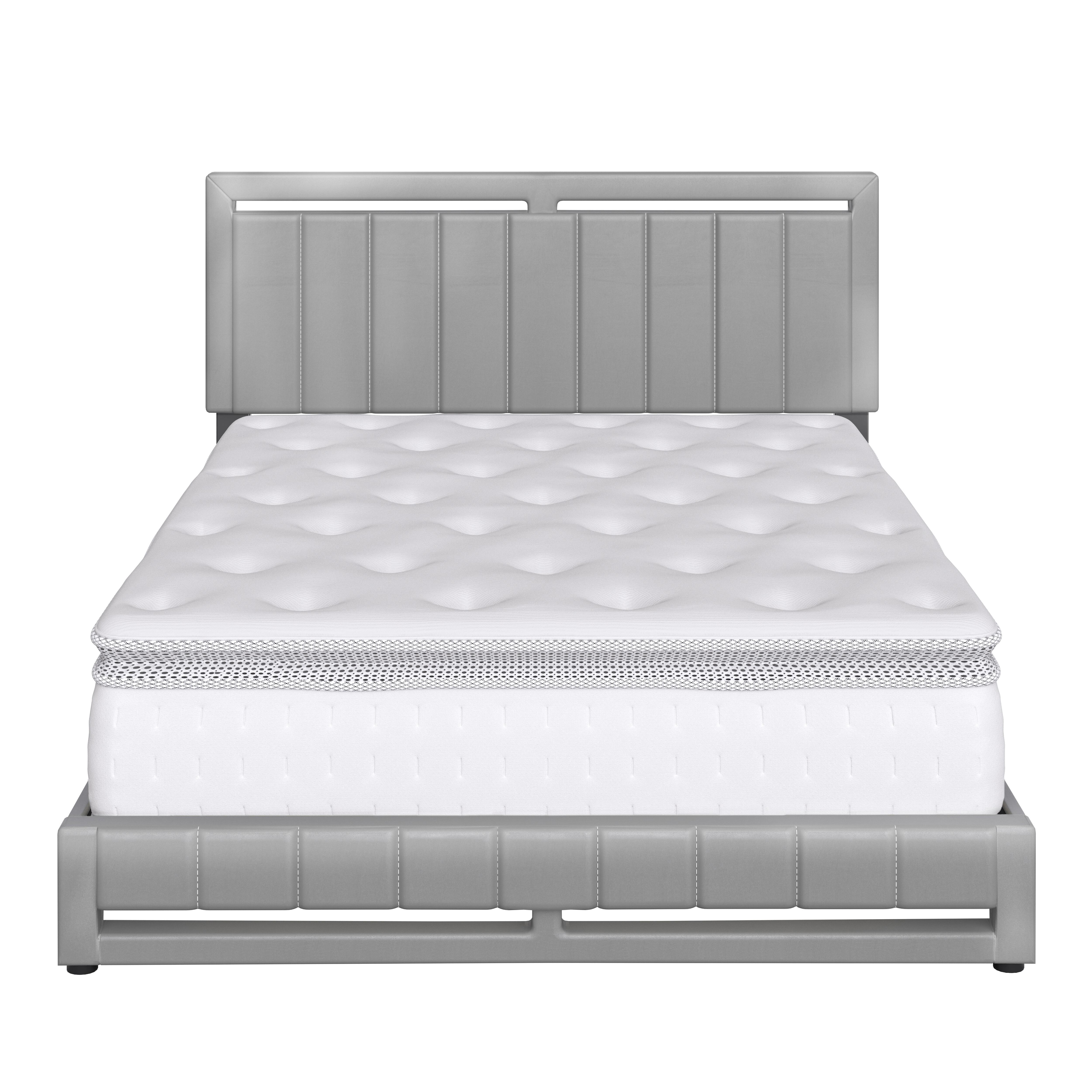 Roza Queen Upholstered Faux Leather Platform Bed, Gray, large