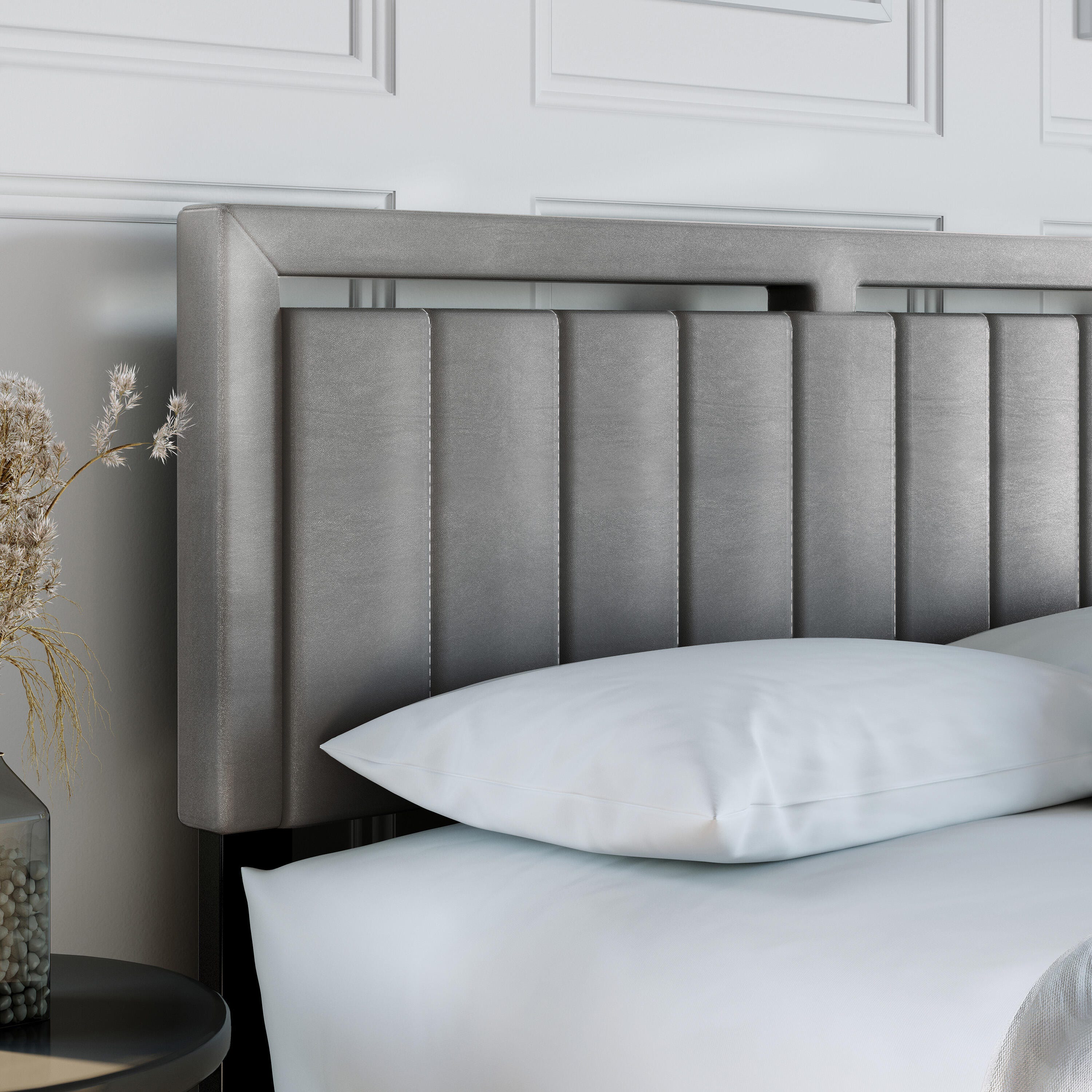 Roza Queen Upholstered Faux Leather Platform Bed, Gray, large