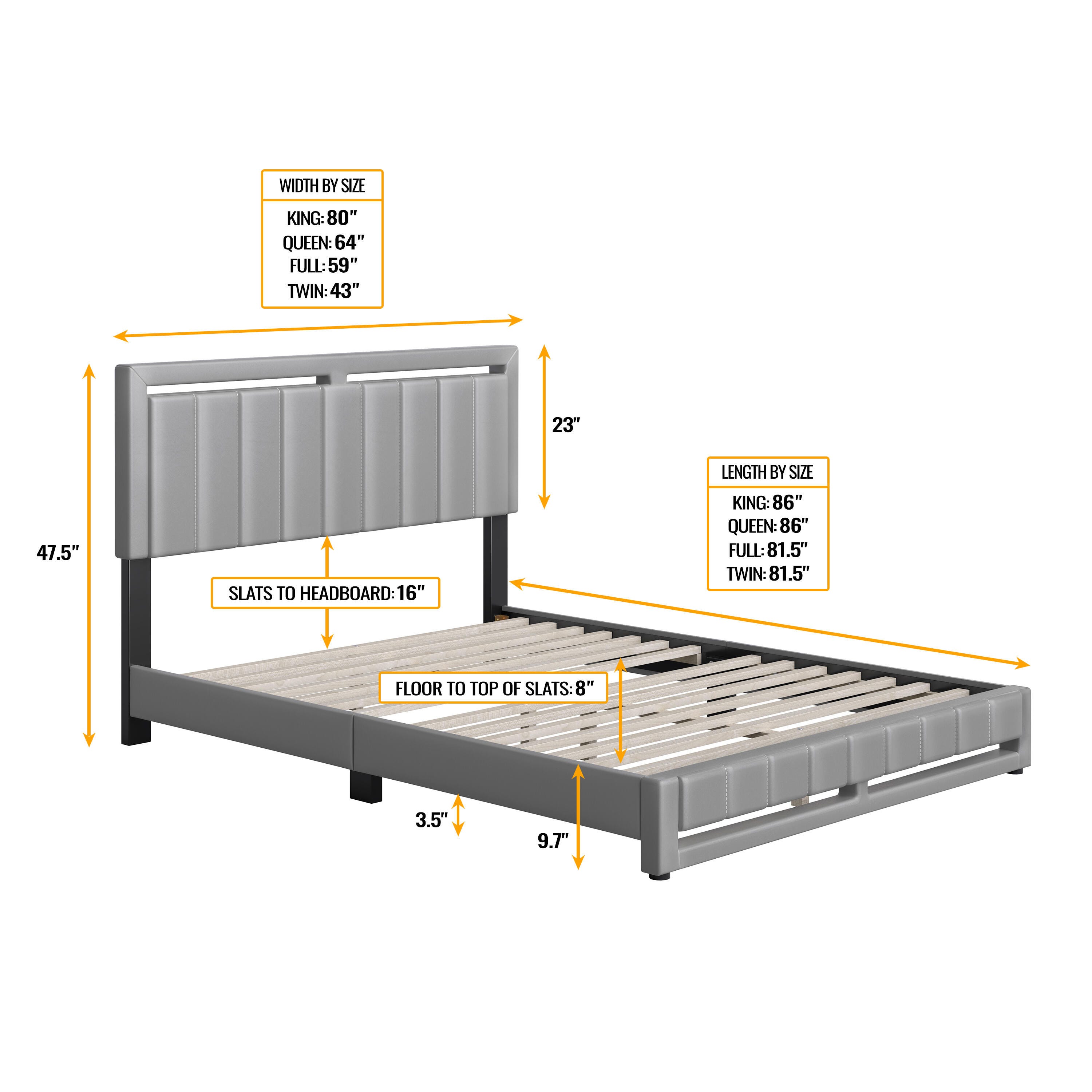 Roza Queen Upholstered Faux Leather Platform Bed, Gray, large