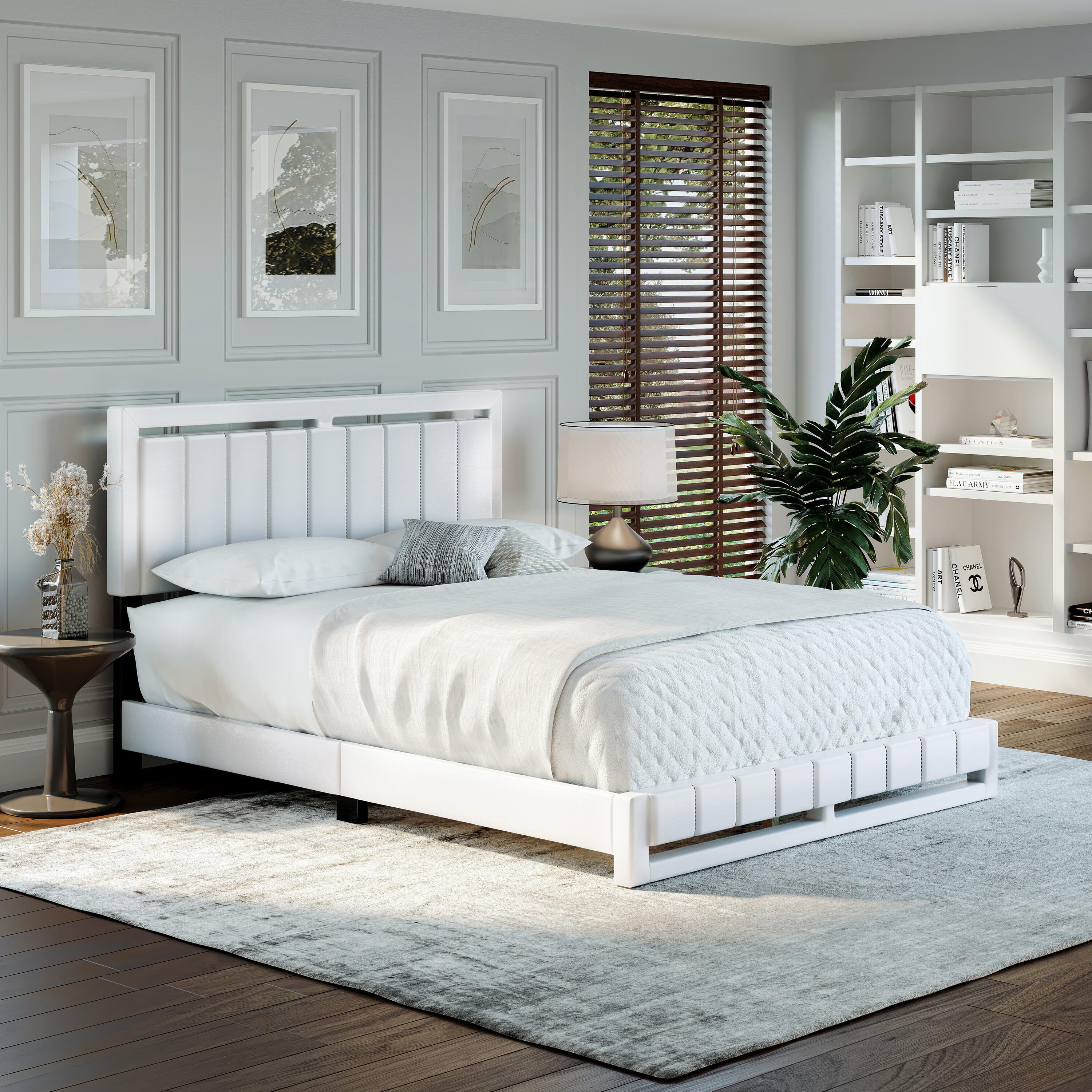 Roza King Upholstered Faux Leather Platform Bed, White, large