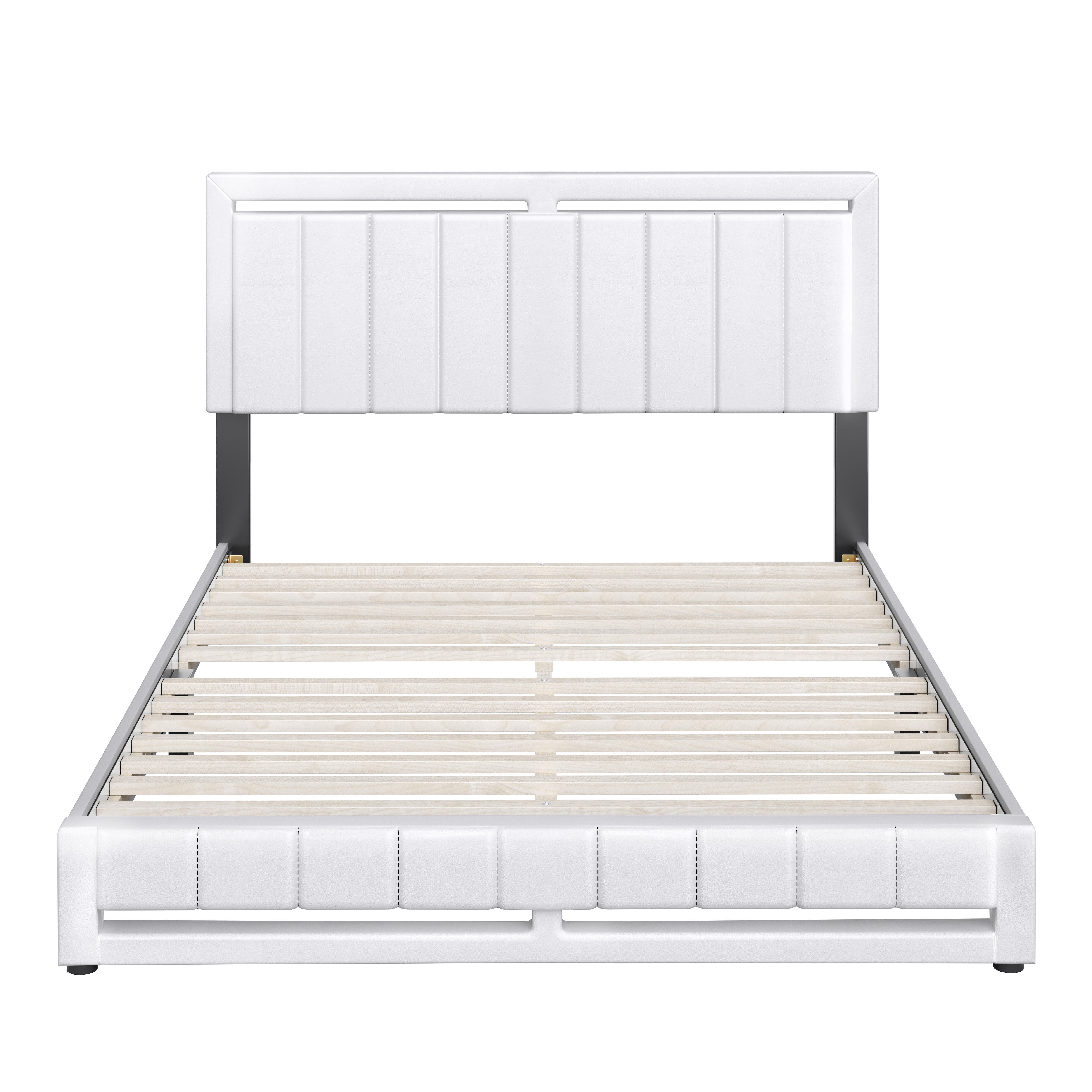 Roza Queen Upholstered Faux Leather Platform Bed, White, large