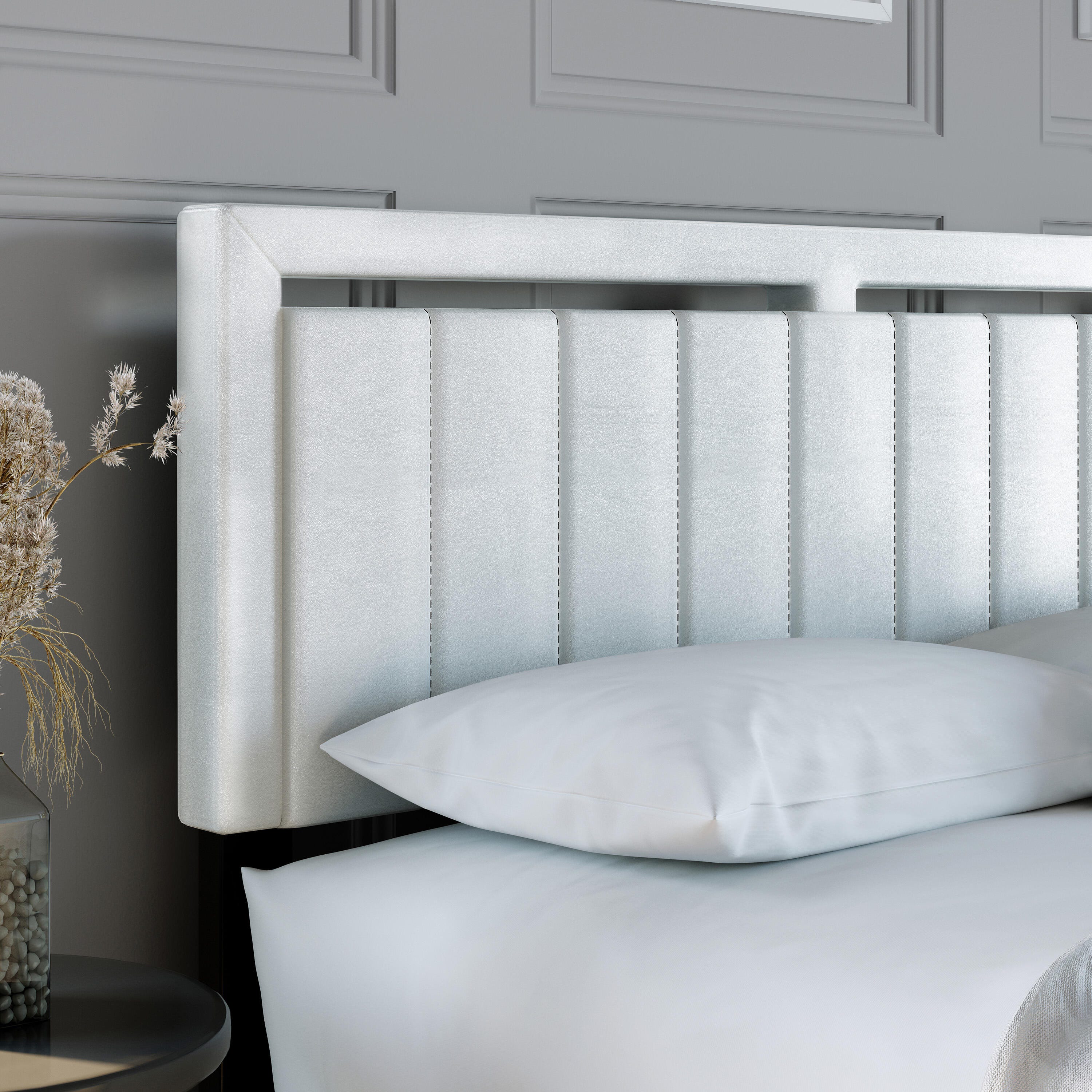 Roza Queen Upholstered Faux Leather Platform Bed, White, large