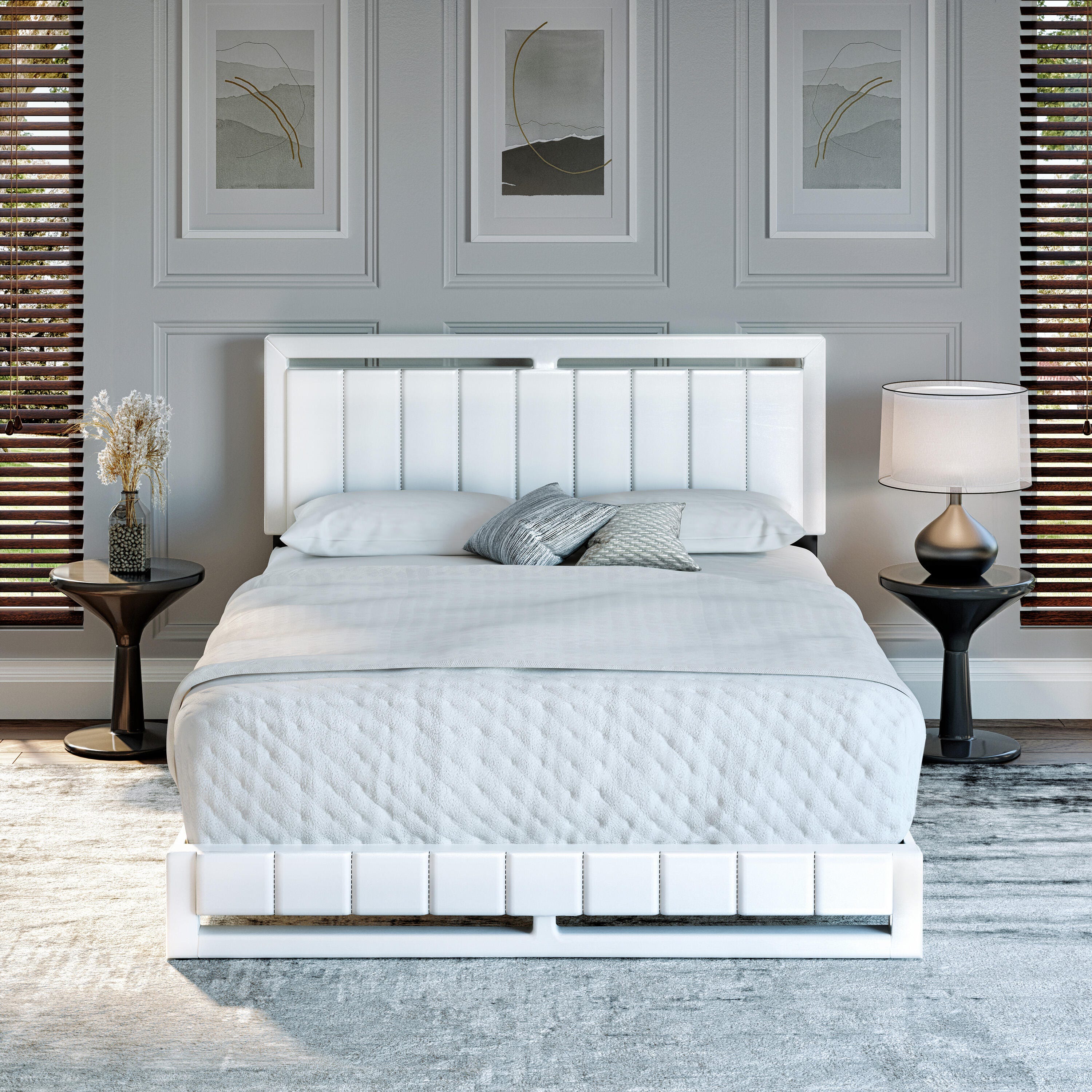 Roza Queen Upholstered Faux Leather Platform Bed, White, large