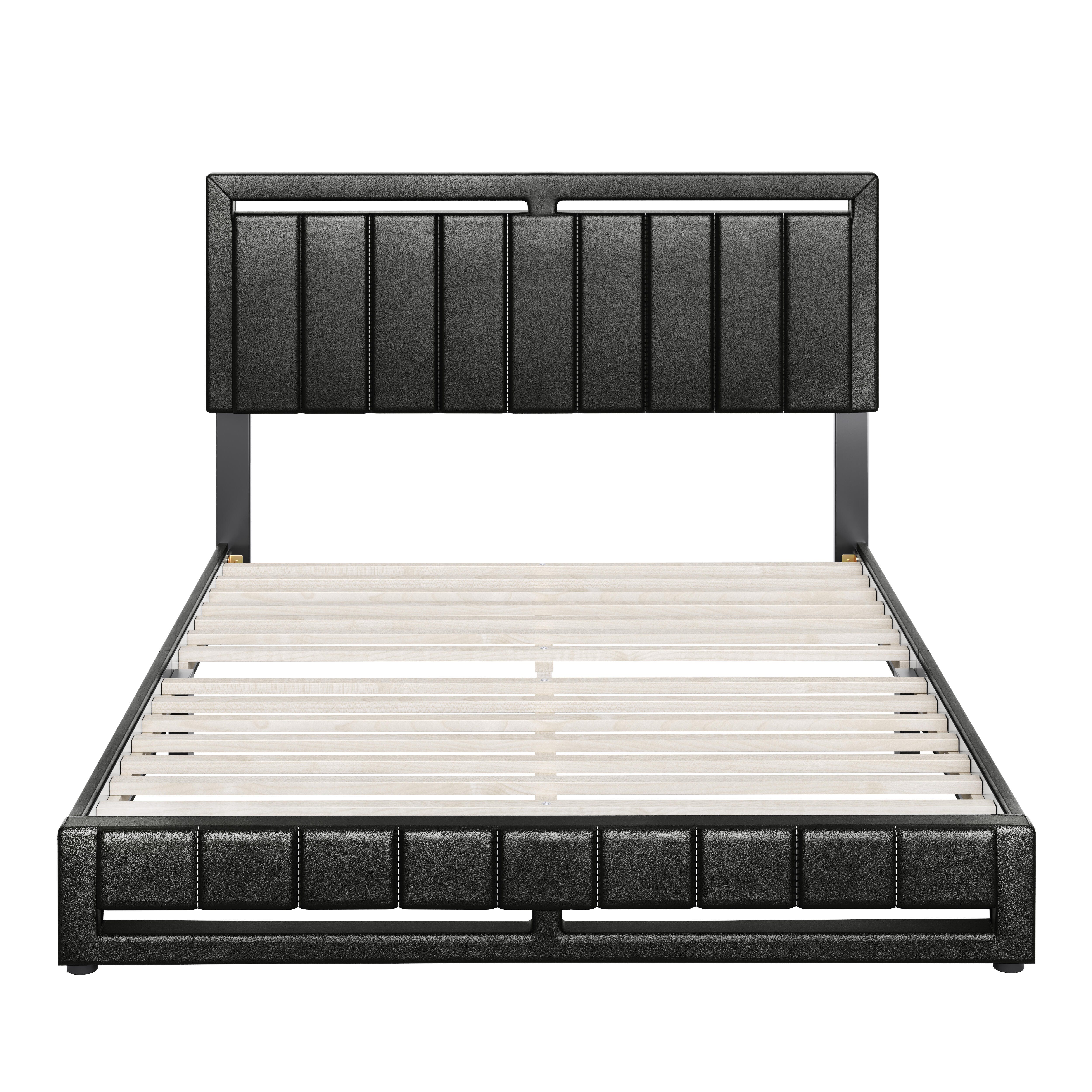 Roza Queen Upholstered Faux Leather Platform Bed, Black, large