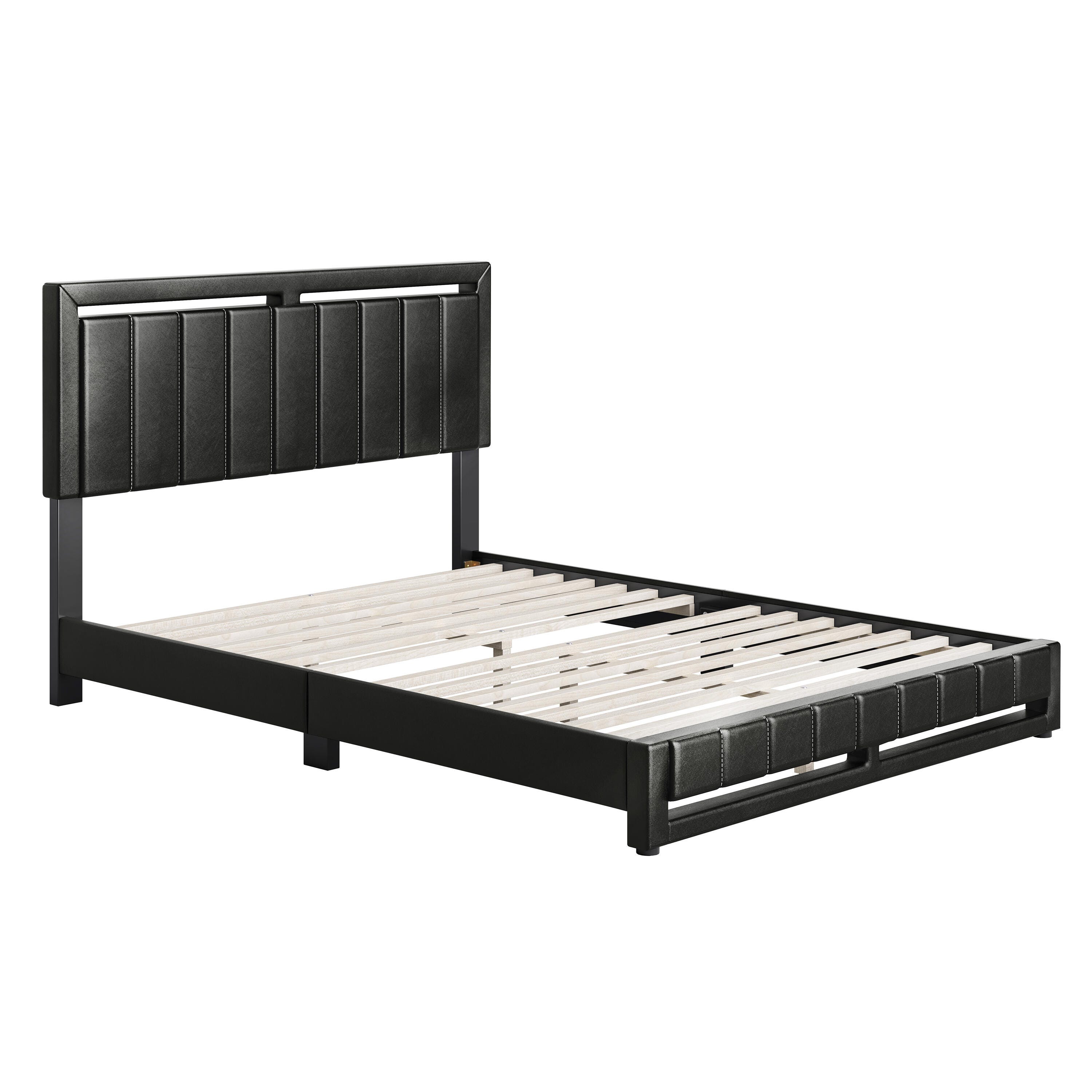 Roza Queen Upholstered Faux Leather Platform Bed, Black, large