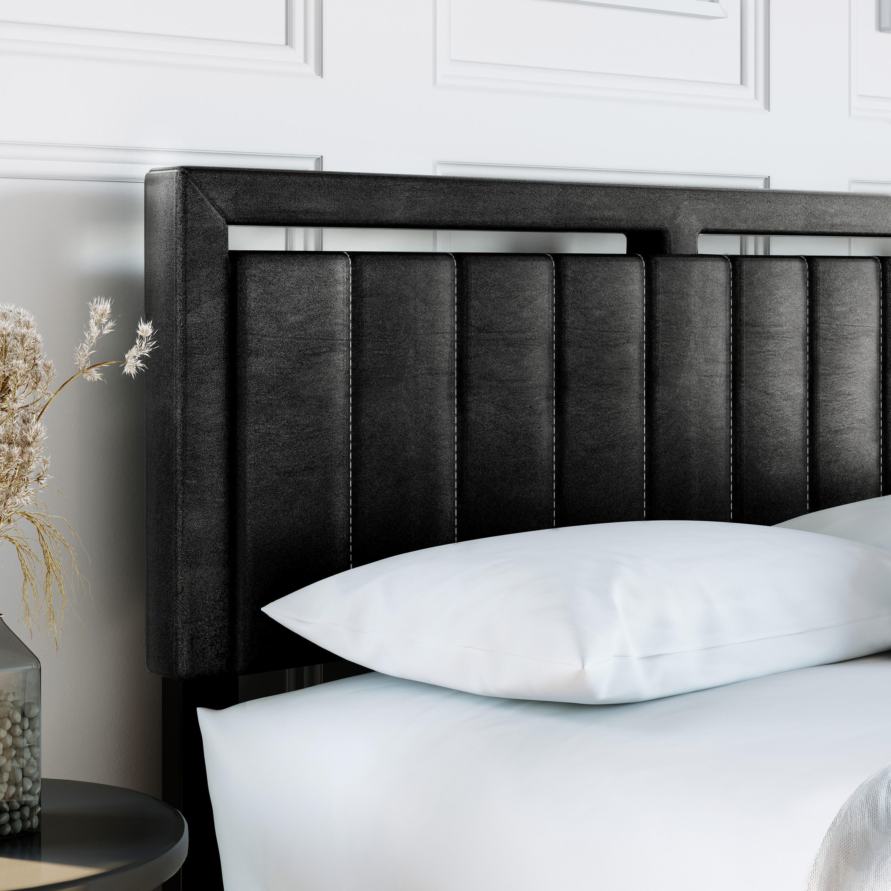 Roza Queen Upholstered Faux Leather Platform Bed, Black, large