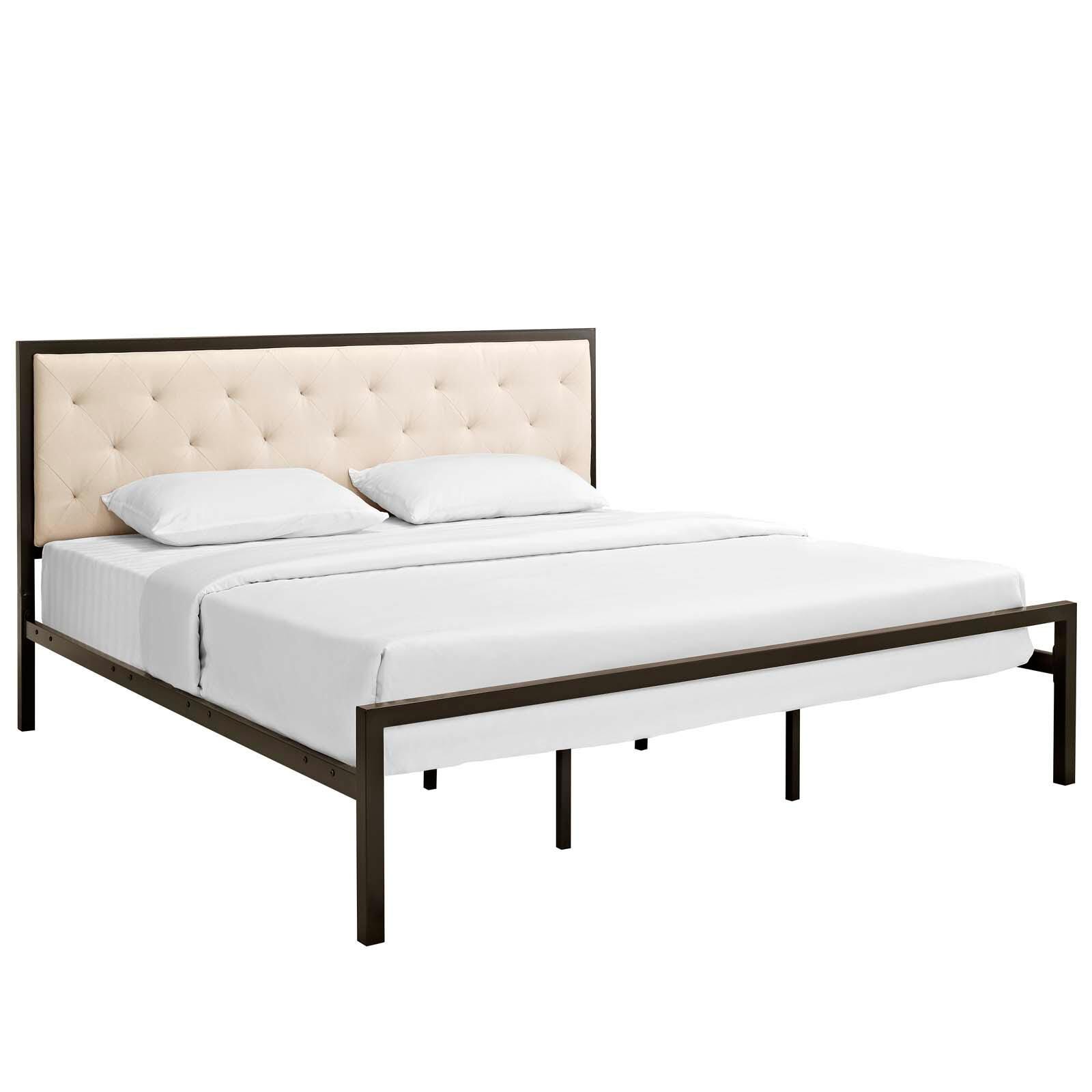 Mia King Fabric Platform Bed, Brown/Beige, large