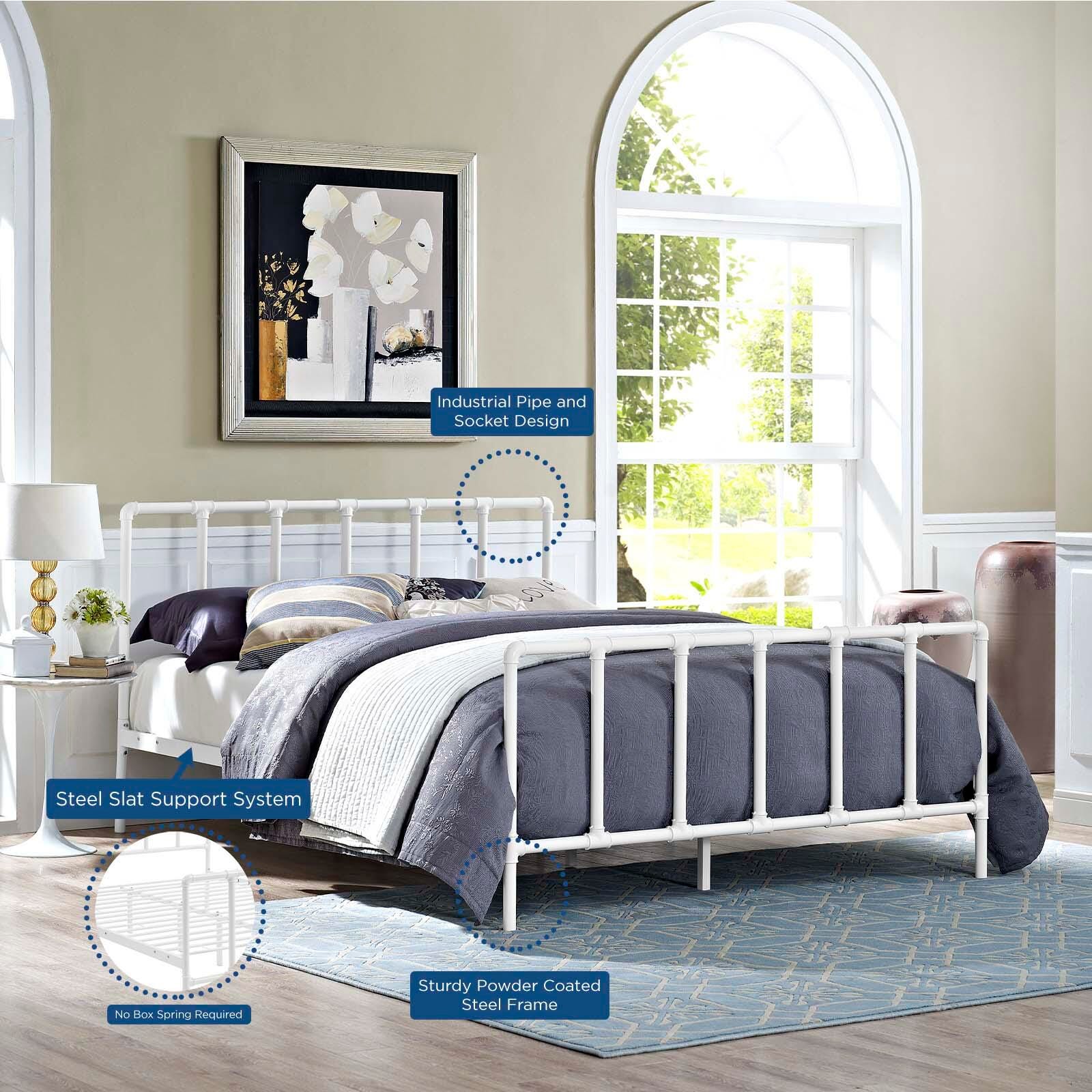 Dower Queen Metal Platform Bed, White, large