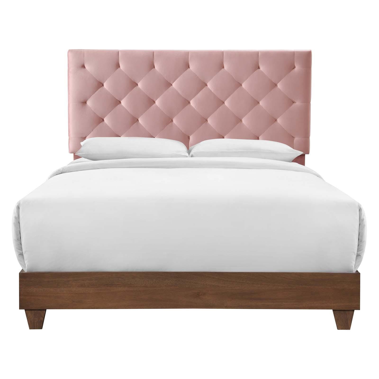 Rhiannon Diamond Tufted Upholstered Velvet Queen Bed, Walnut/Dusty Rose, large