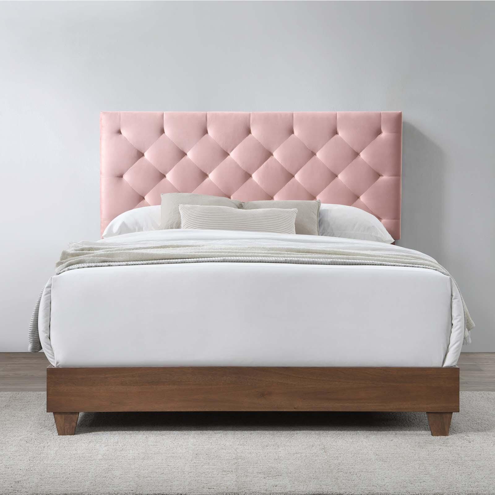 Rhiannon Diamond Tufted Upholstered Velvet Queen Bed, Walnut/Dusty Rose, large