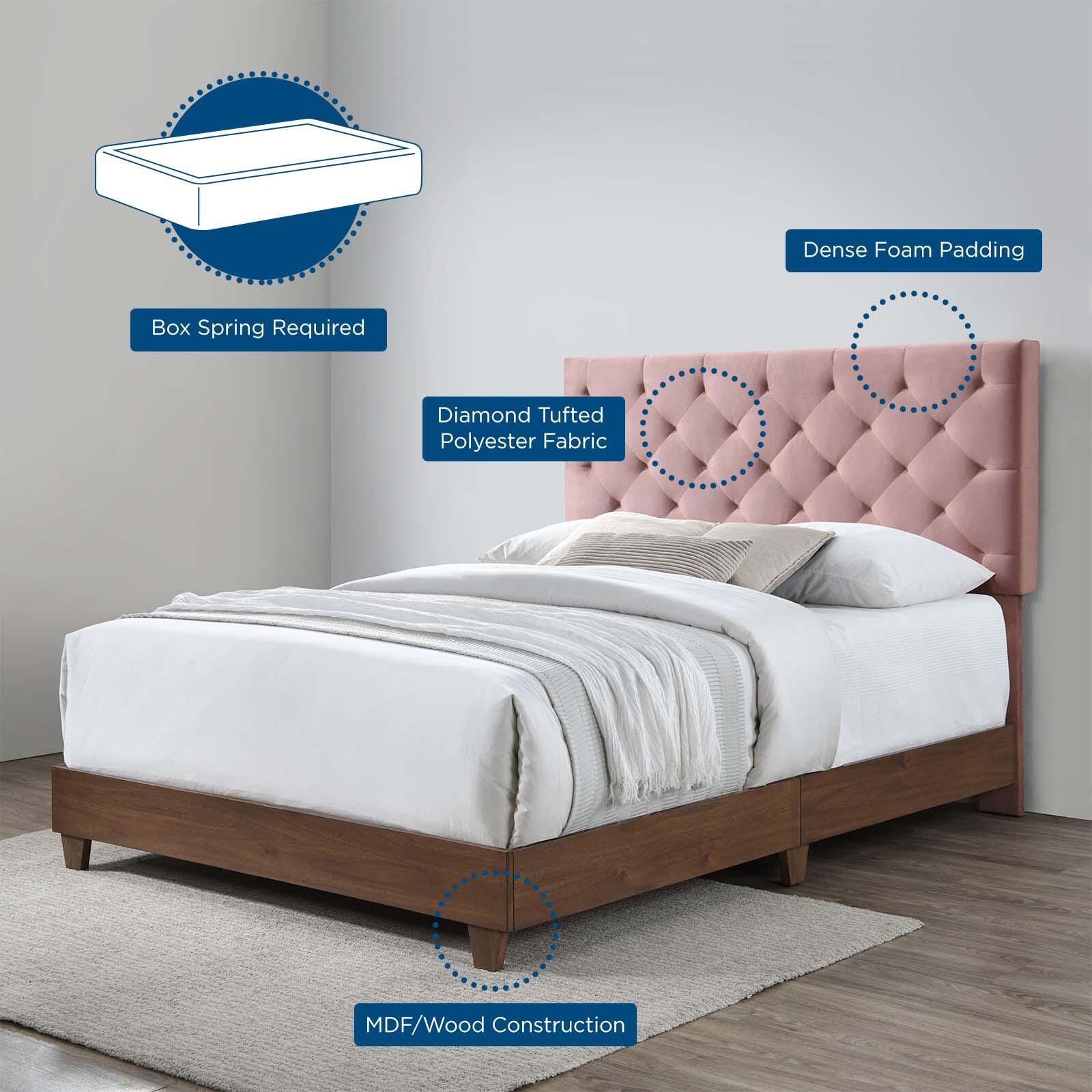 Rhiannon Diamond Tufted Upholstered Velvet Queen Bed, Walnut/Dusty Rose, large
