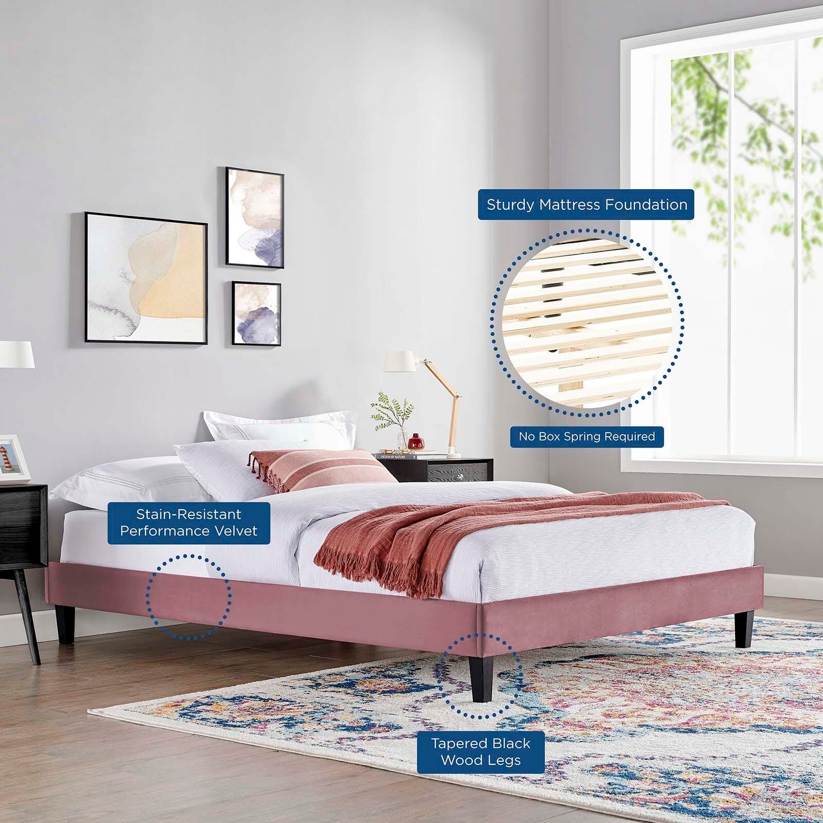Reign Queen Velvet Platform Bed, Dusty Rose, large