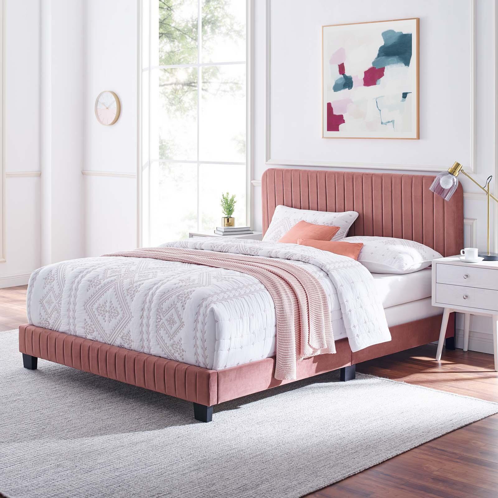 Celine Channel Tufted Velvet Queen Bed, Dusty Rose, rollover