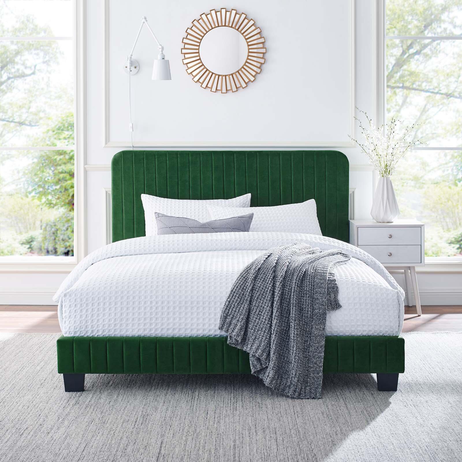 Celine Channel Tufted Velvet King Platform Bed, Emerald, large