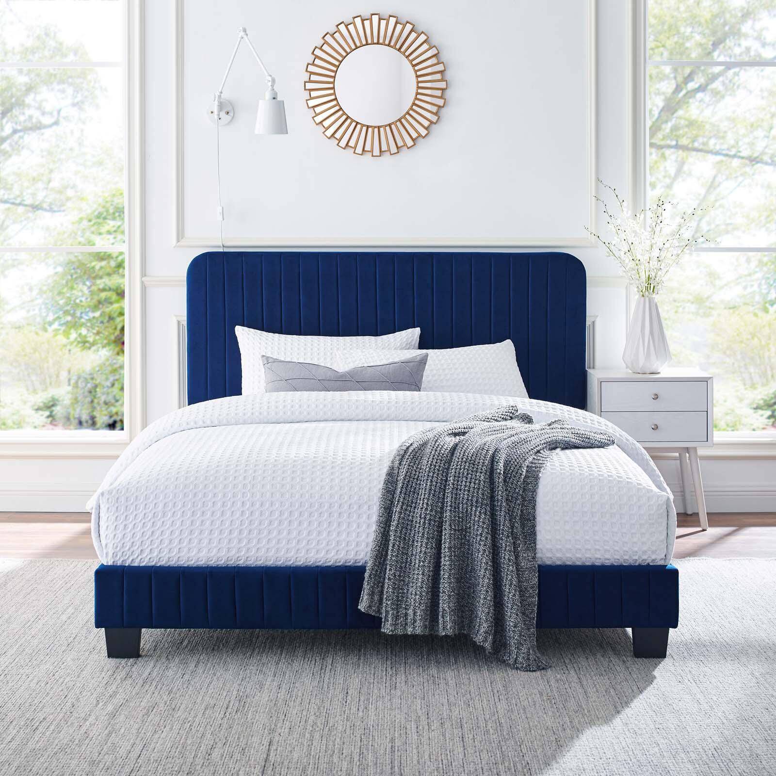 Celine Channel Tufted Velvet King Platform Bed, Navy, large