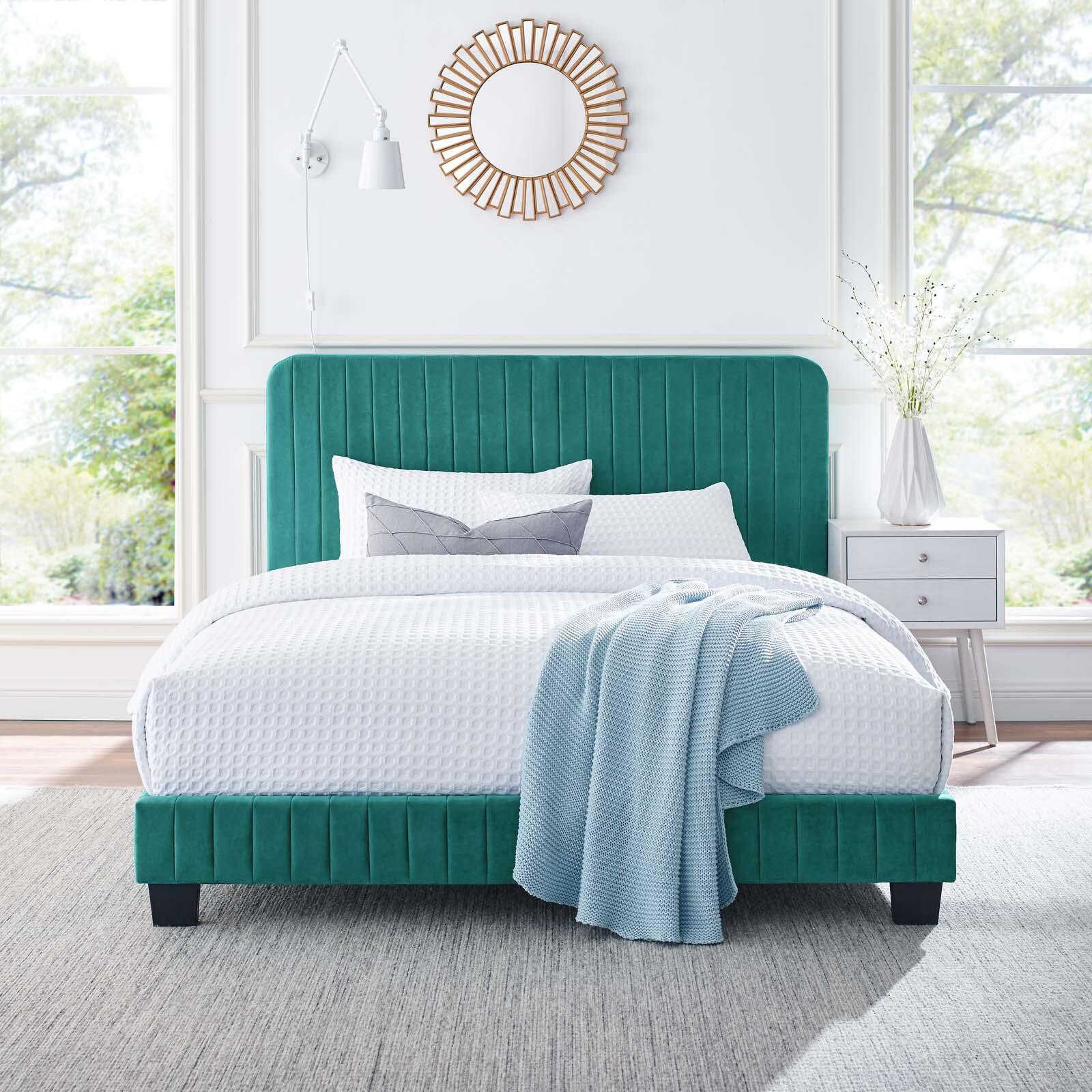 Celine Channel Tufted Velvet King Platform Bed, Teal, large