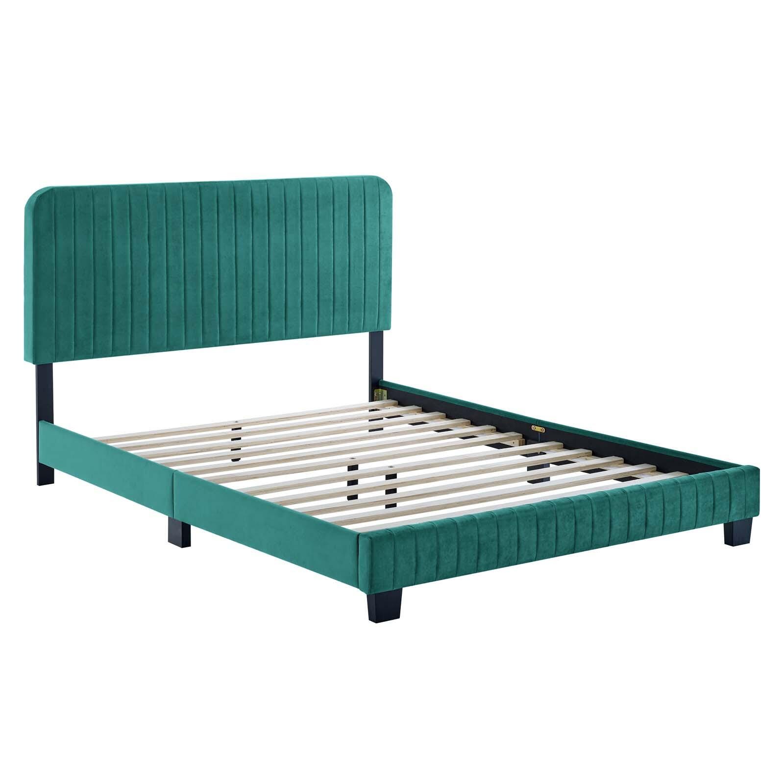 Celine Channel Tufted Velvet King Platform Bed, Teal, large
