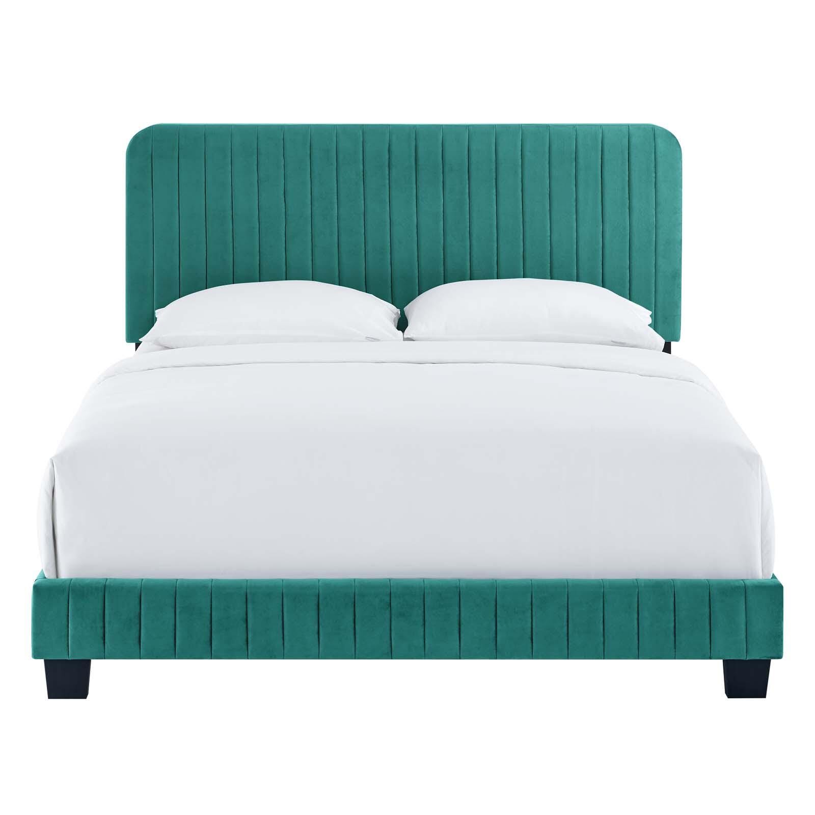 Celine Channel Tufted Velvet King Platform Bed, Teal, large