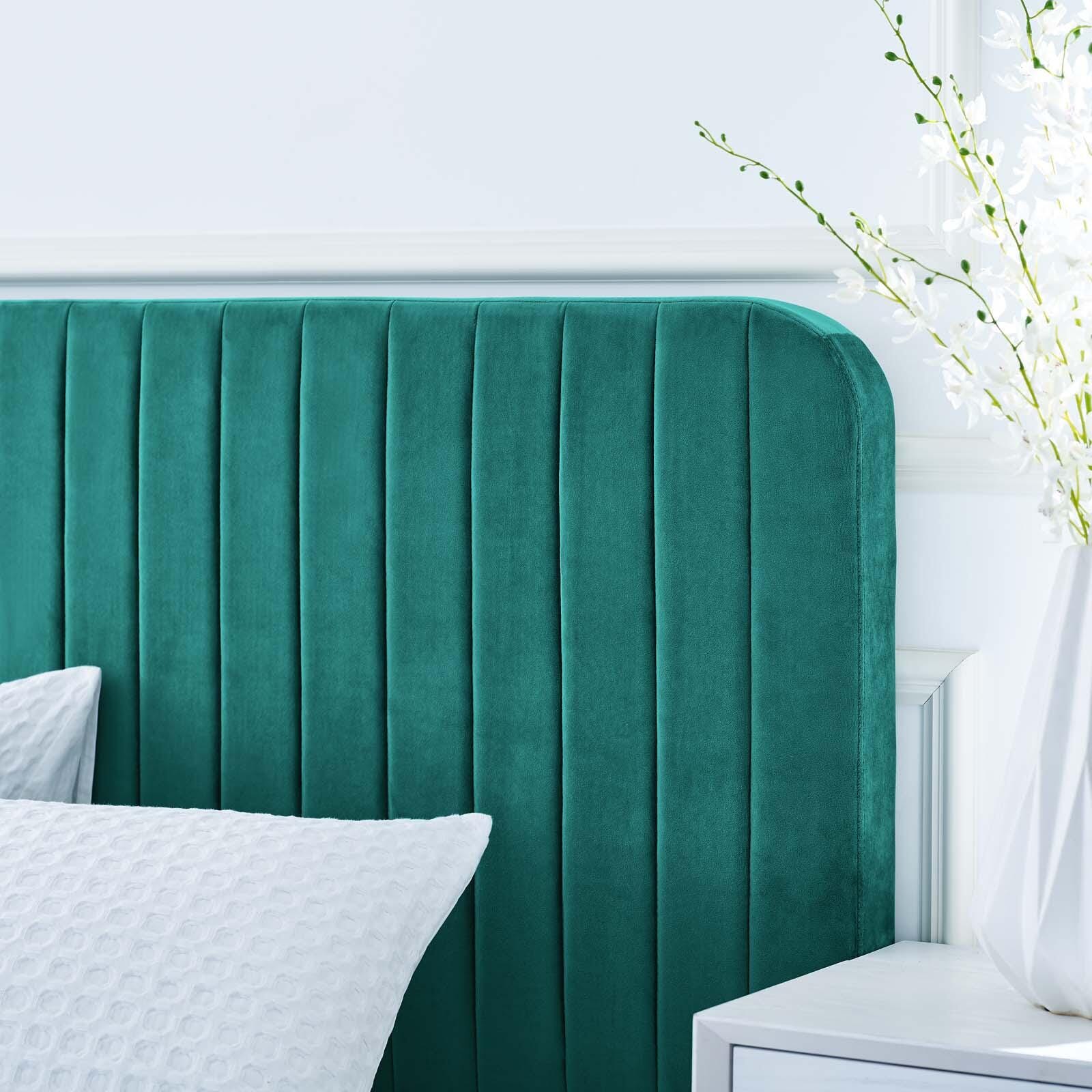 Celine Channel Tufted Velvet King Platform Bed, Teal, large