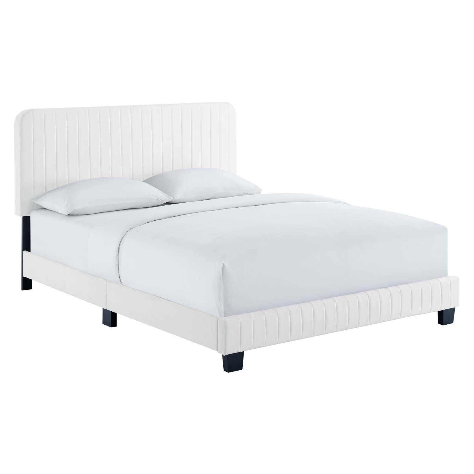 Celine Channel Tufted Velvet King Platform Bed, White, large