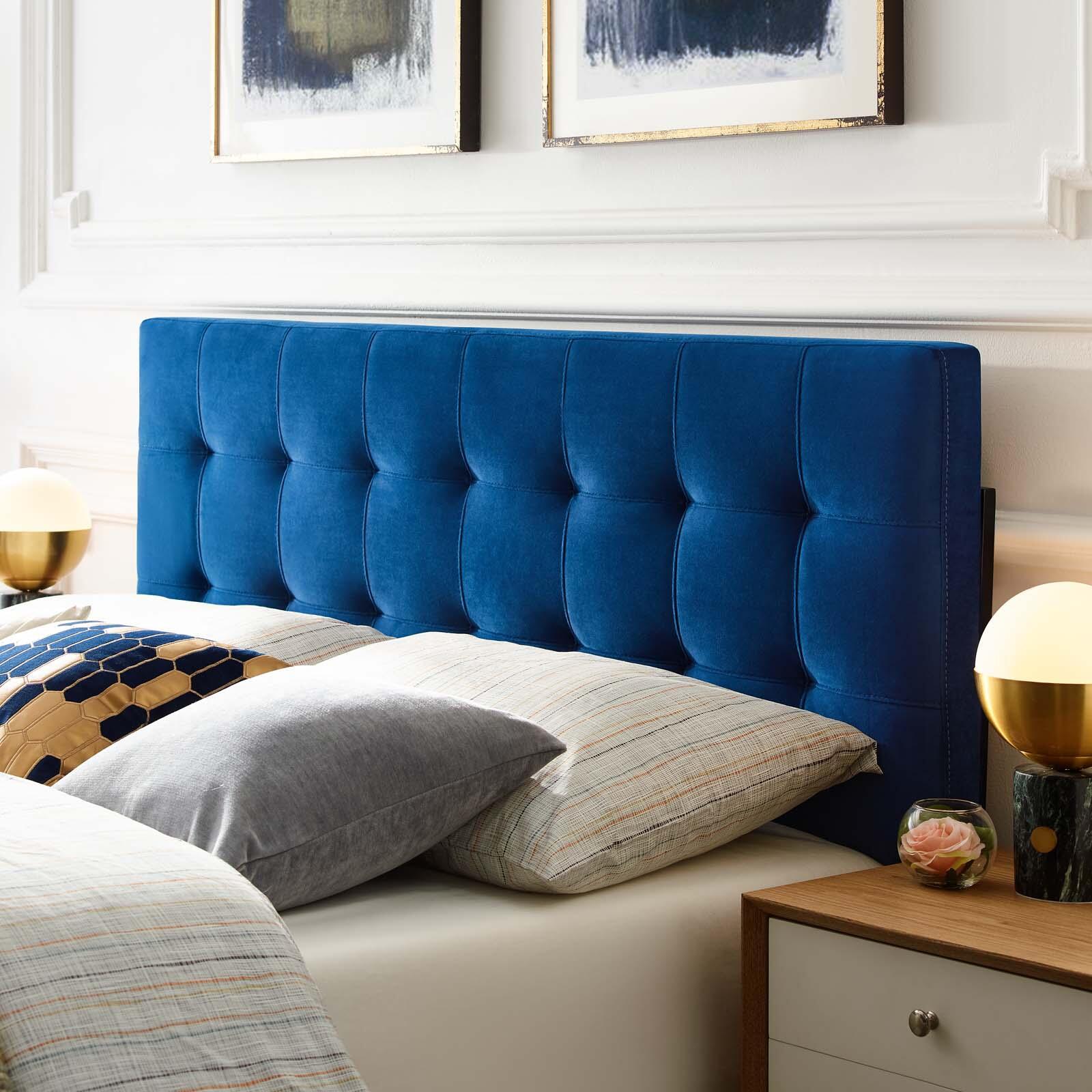 Lily Biscuit Tufted Velvet Headboard, Navy, rollover
